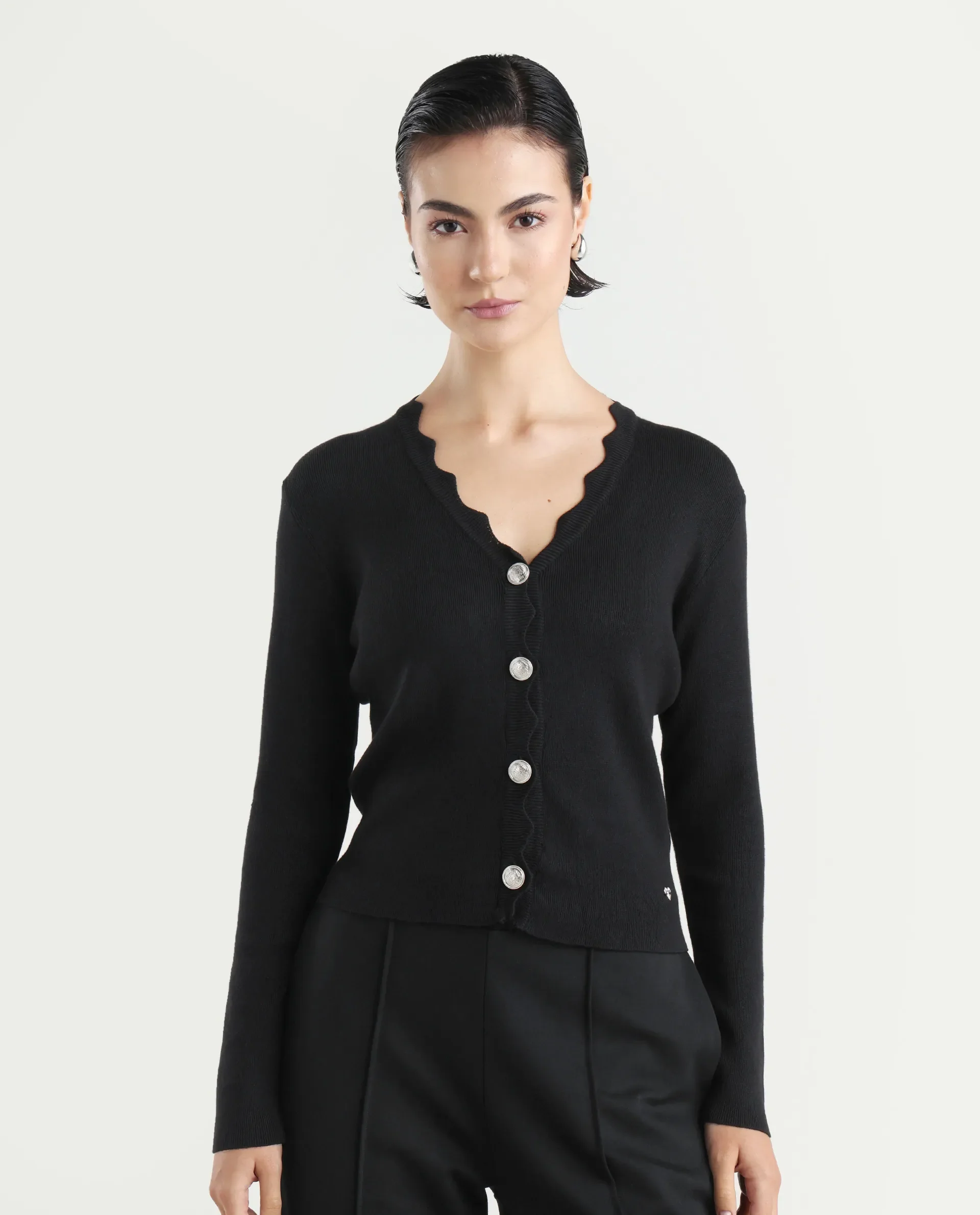 Rareism Women's Pendik Black V-Neck Plain Regular Fitted Top - Image 3