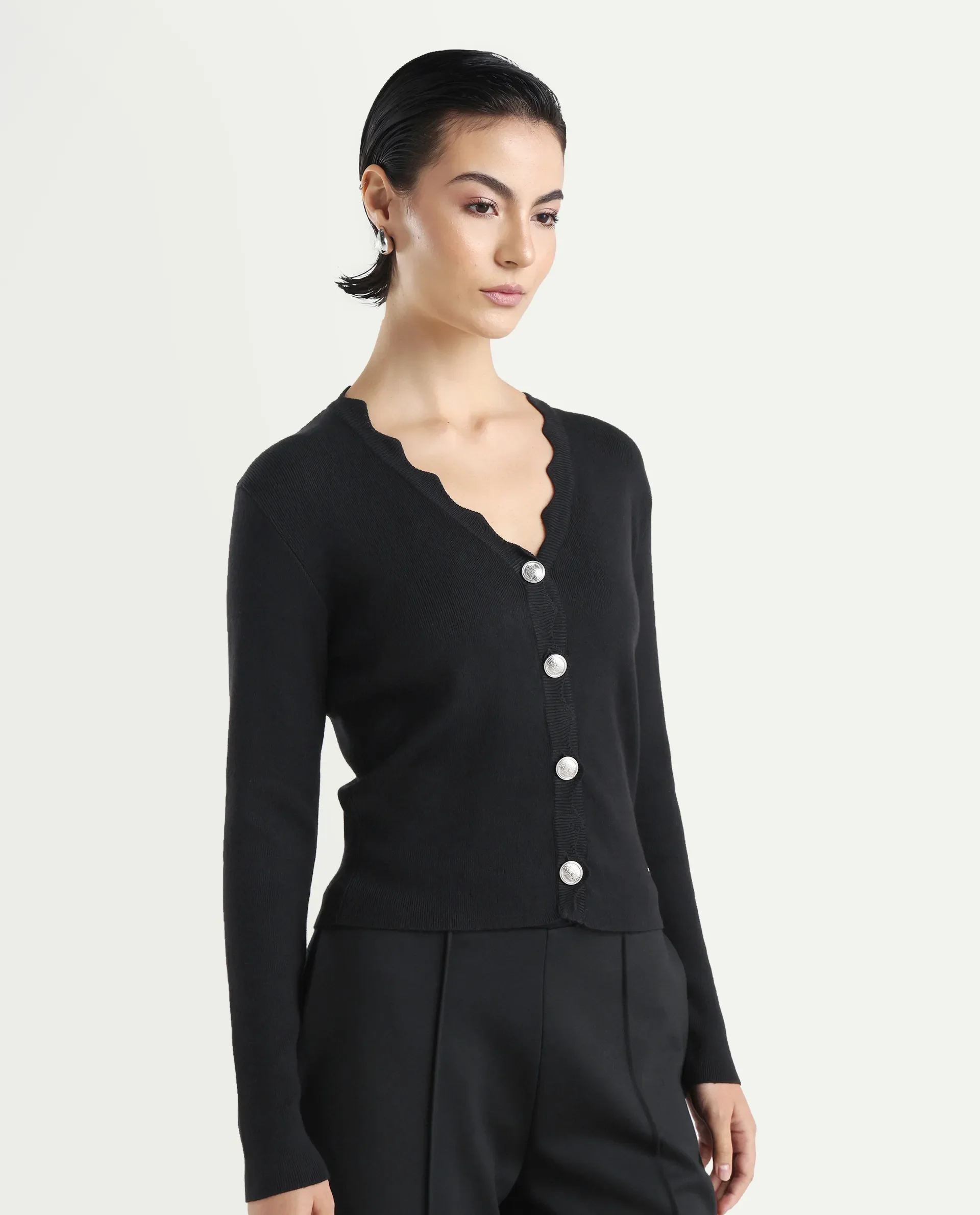 Rareism Women's Pendik Black V-Neck Plain Regular Fitted Top - Image 6