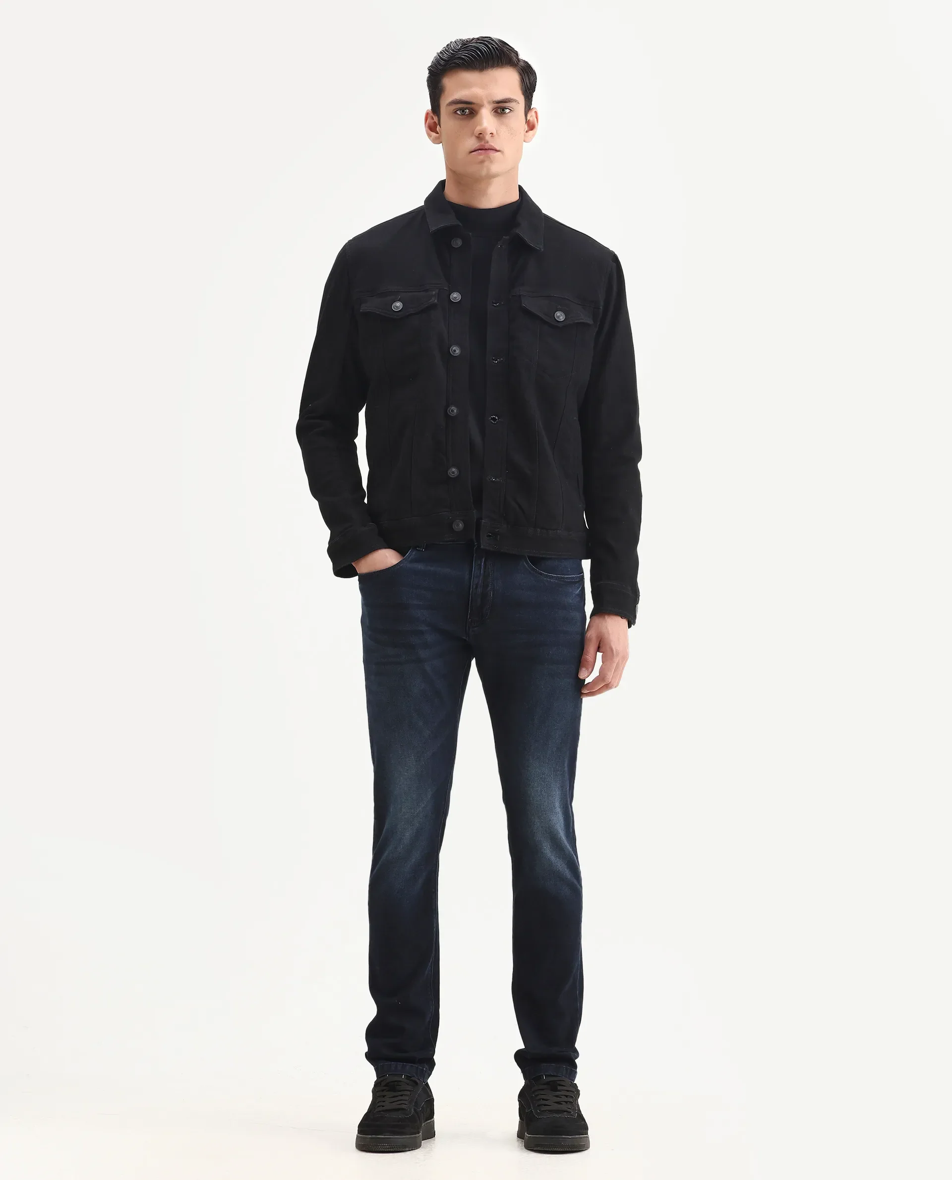 Rare Rabbit Men's Penelope Navy Cotton Plain Hawk Slim Fit Jeans