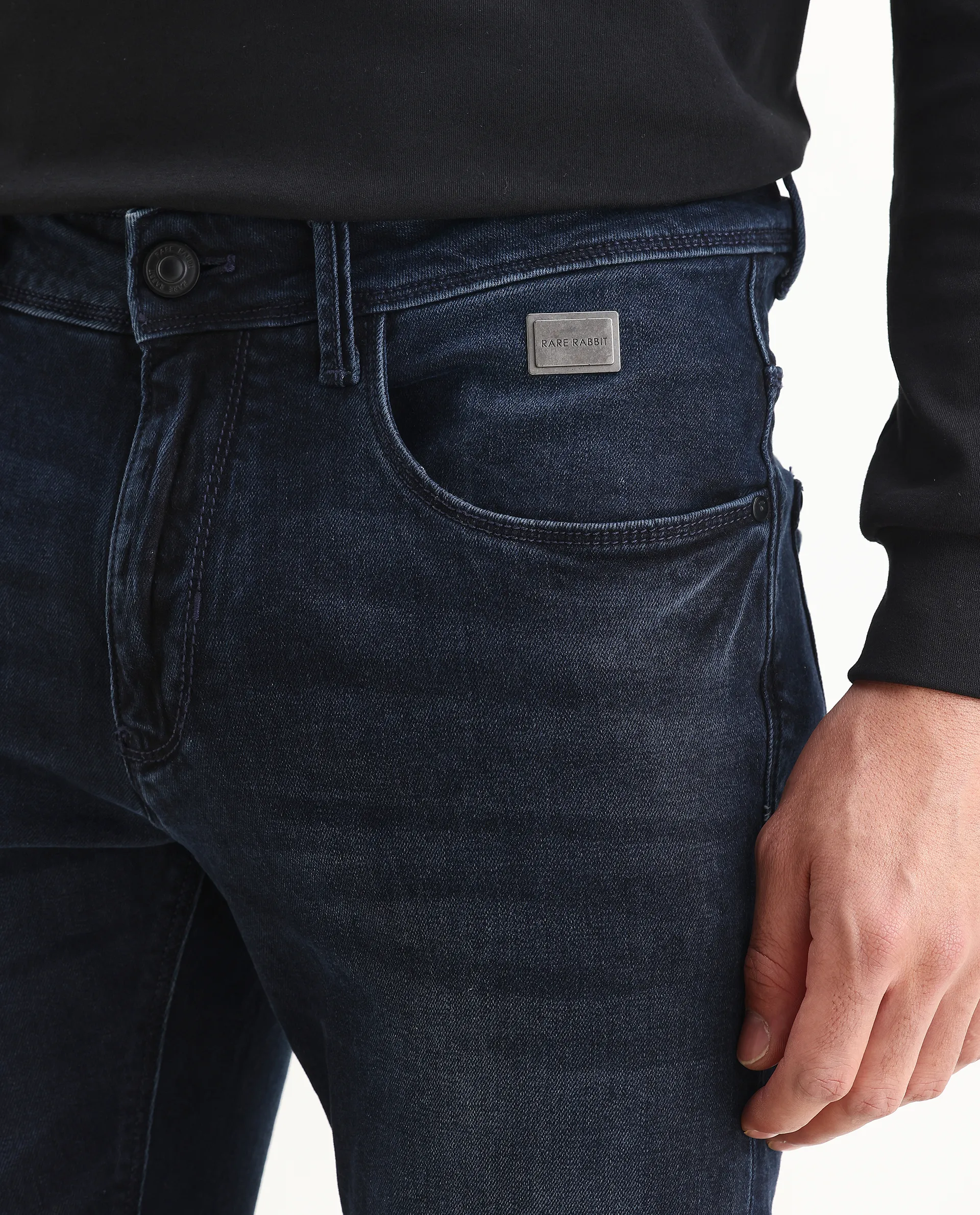 Rare Rabbit Men's Penelope Navy Cotton Plain Hawk Slim Fit Jeans - Image 3