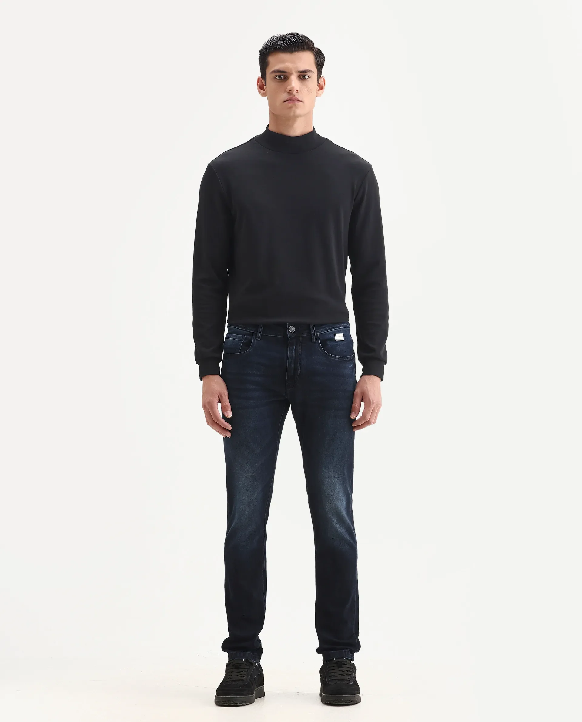 Rare Rabbit Men's Penelope Navy Cotton Plain Hawk Slim Fit Jeans - Image 4