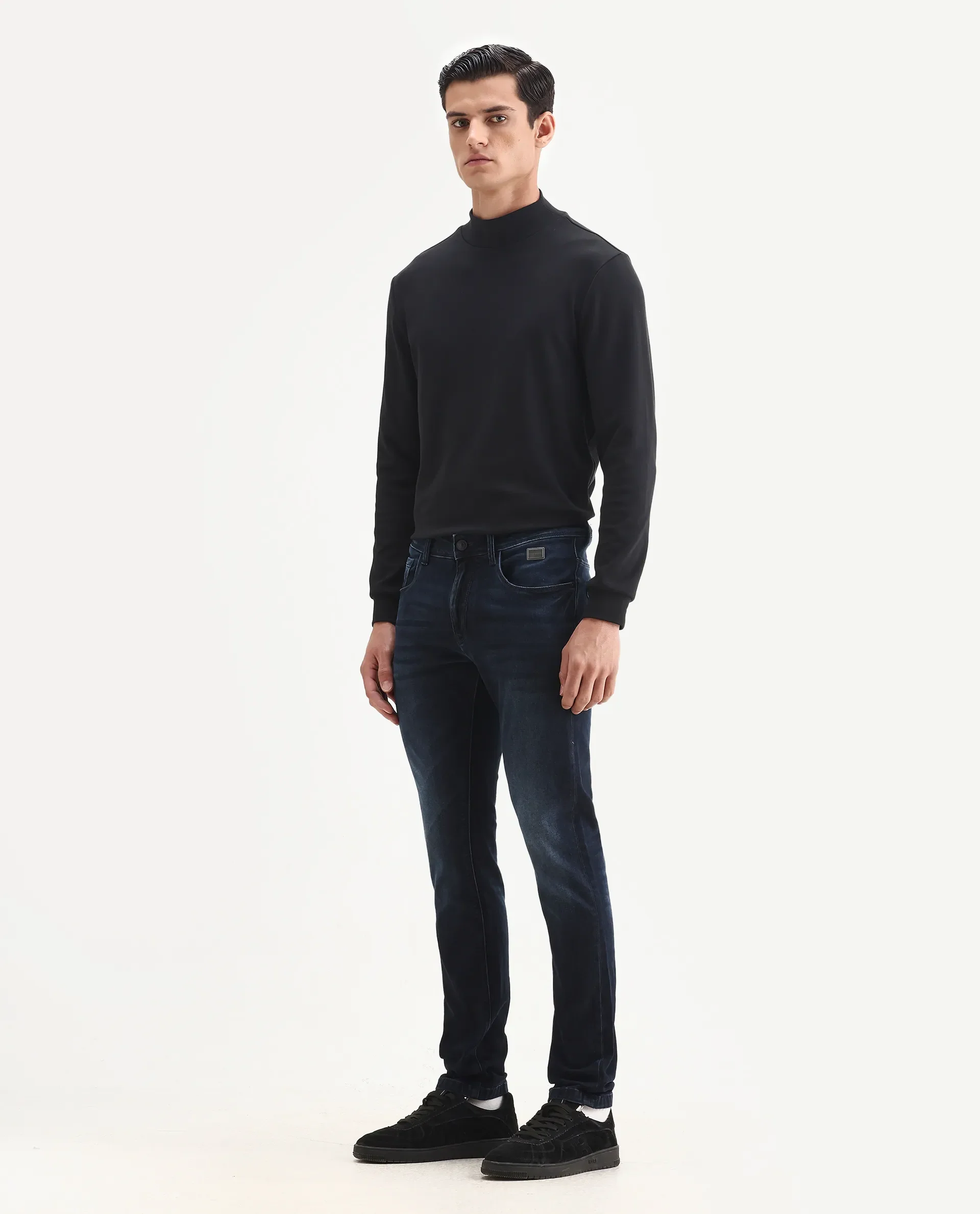 Rare Rabbit Men's Penelope Navy Cotton Plain Hawk Slim Fit Jeans - Image 5