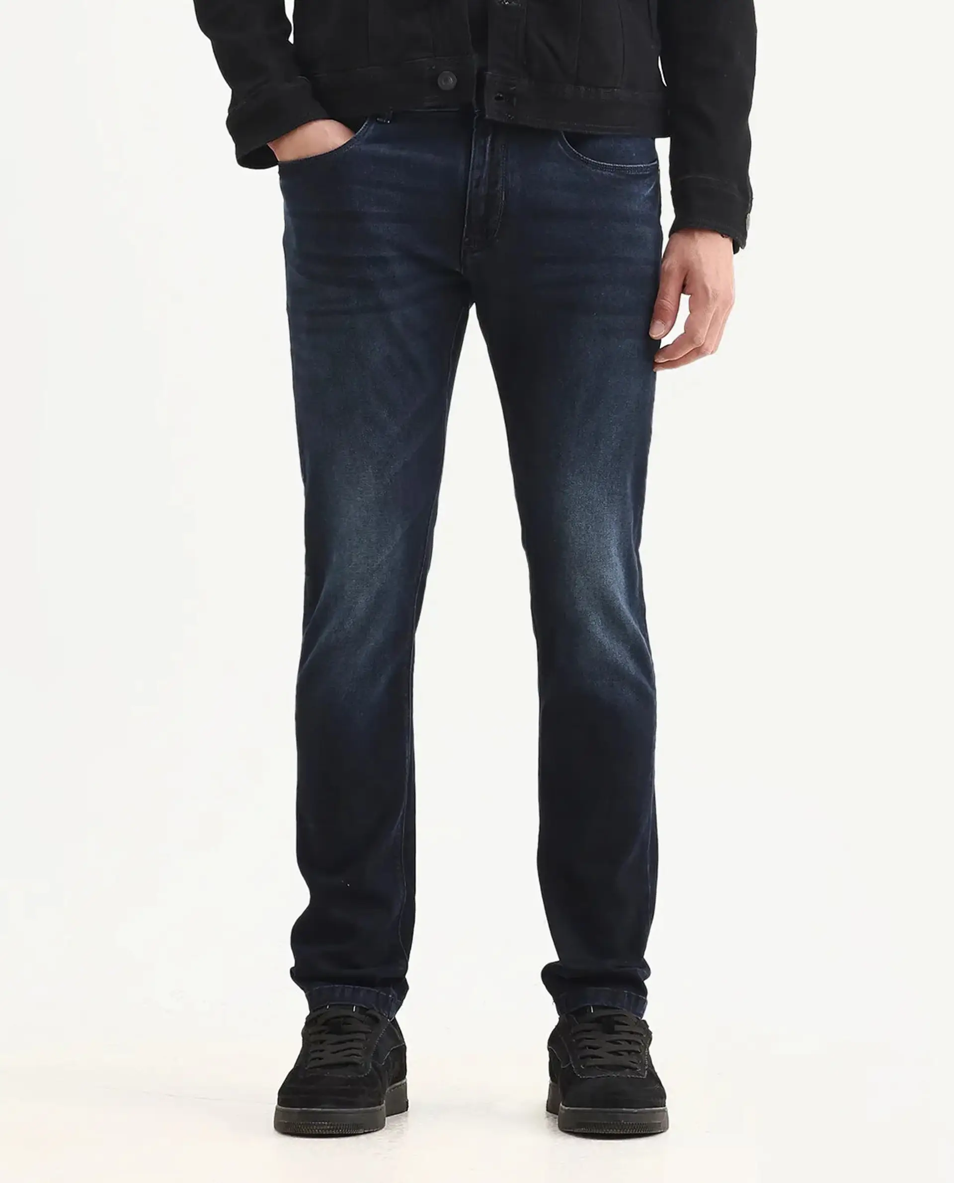 Rare Rabbit Men's Penelope Navy Cotton Plain Hawk Slim Fit Jeans - Image 9