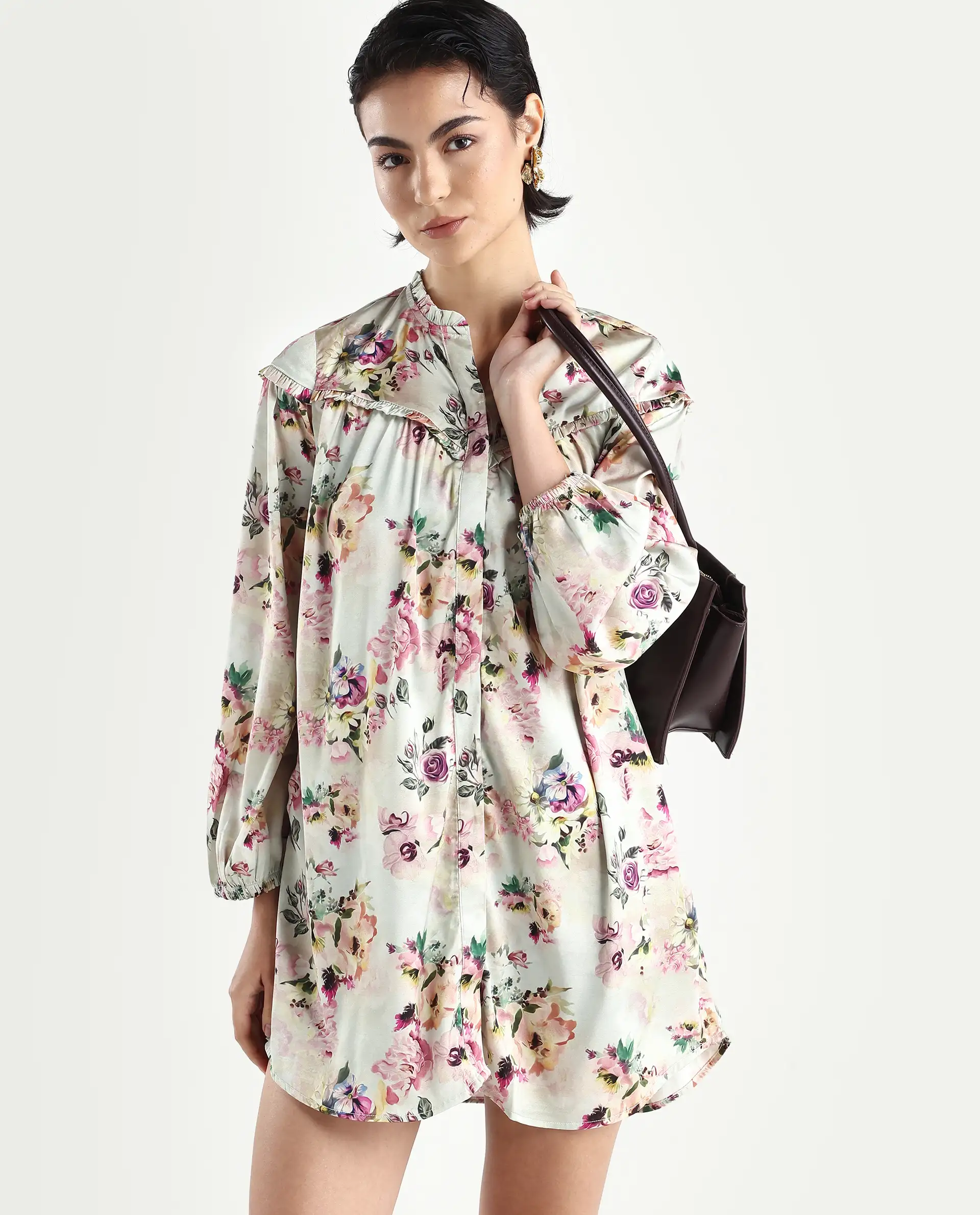 Rareism Women's Penelope Beige Polyester Ruffled Neck Floral Print Mini Regular Fit Dress