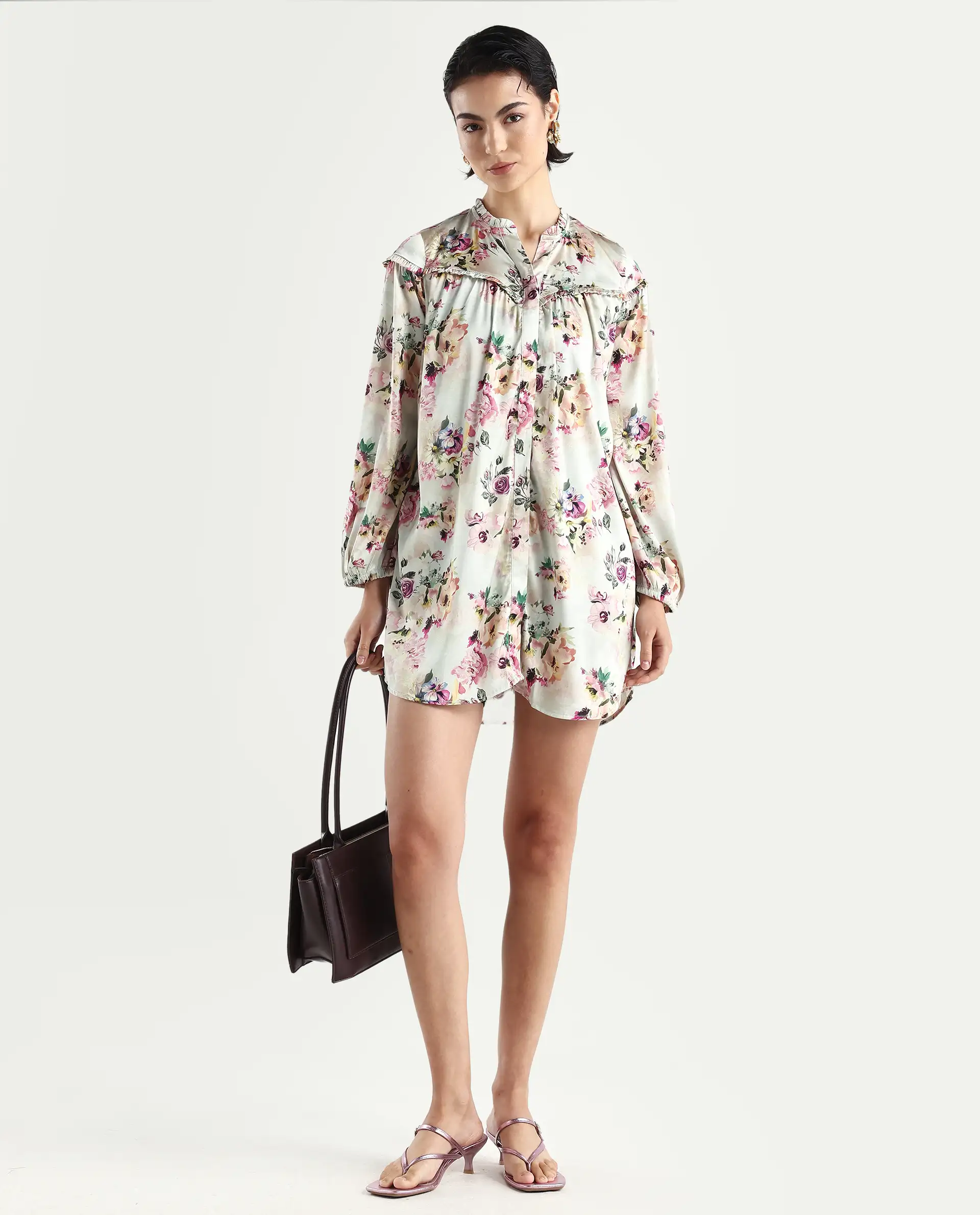 Rareism Women's Penelope Beige Polyester Ruffled Neck Floral Print Mini Regular Fit Dress - Image 2