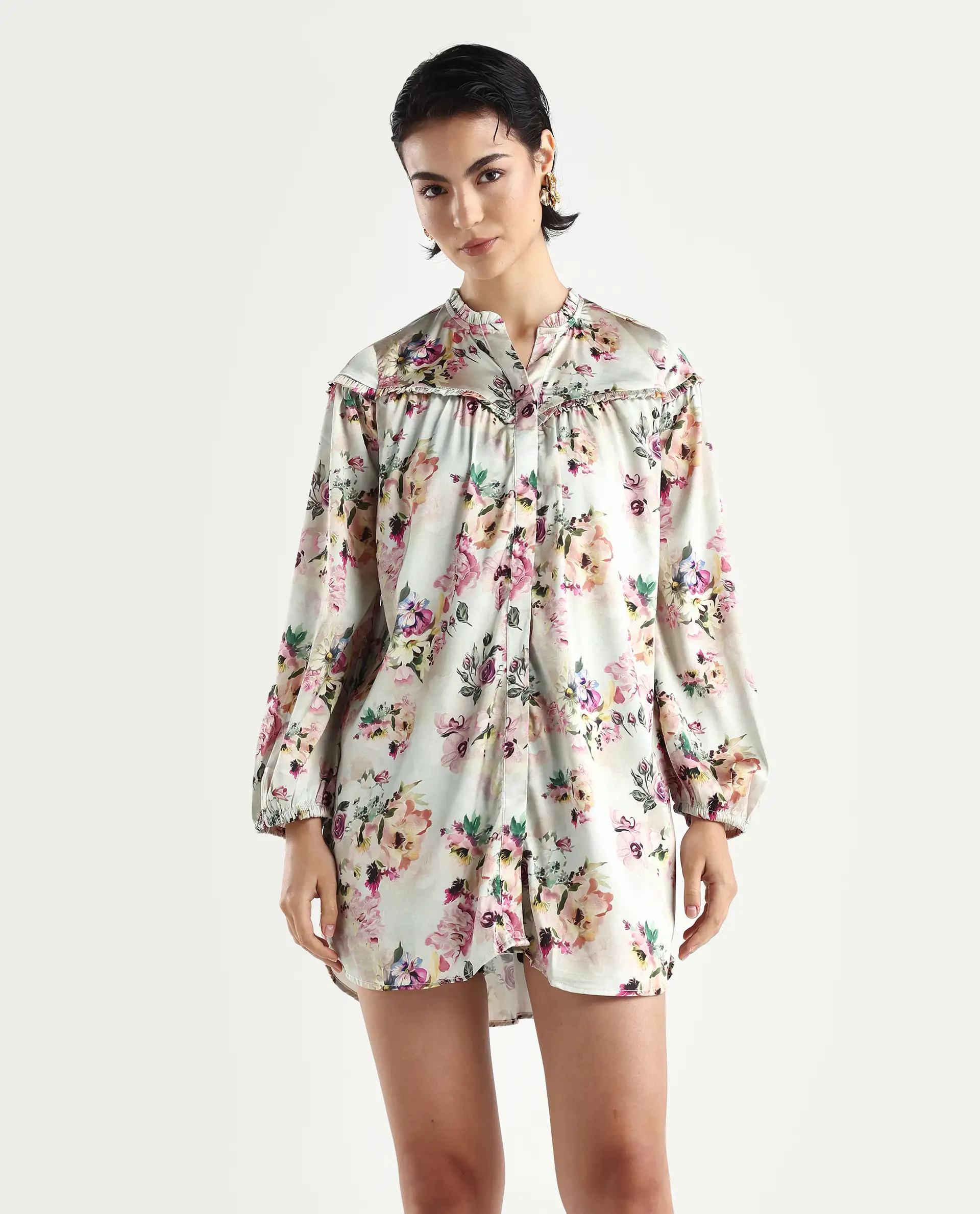 Rareism Women's Penelope Beige Polyester Ruffled Neck Floral Print Mini Regular Fit Dress - Image 3