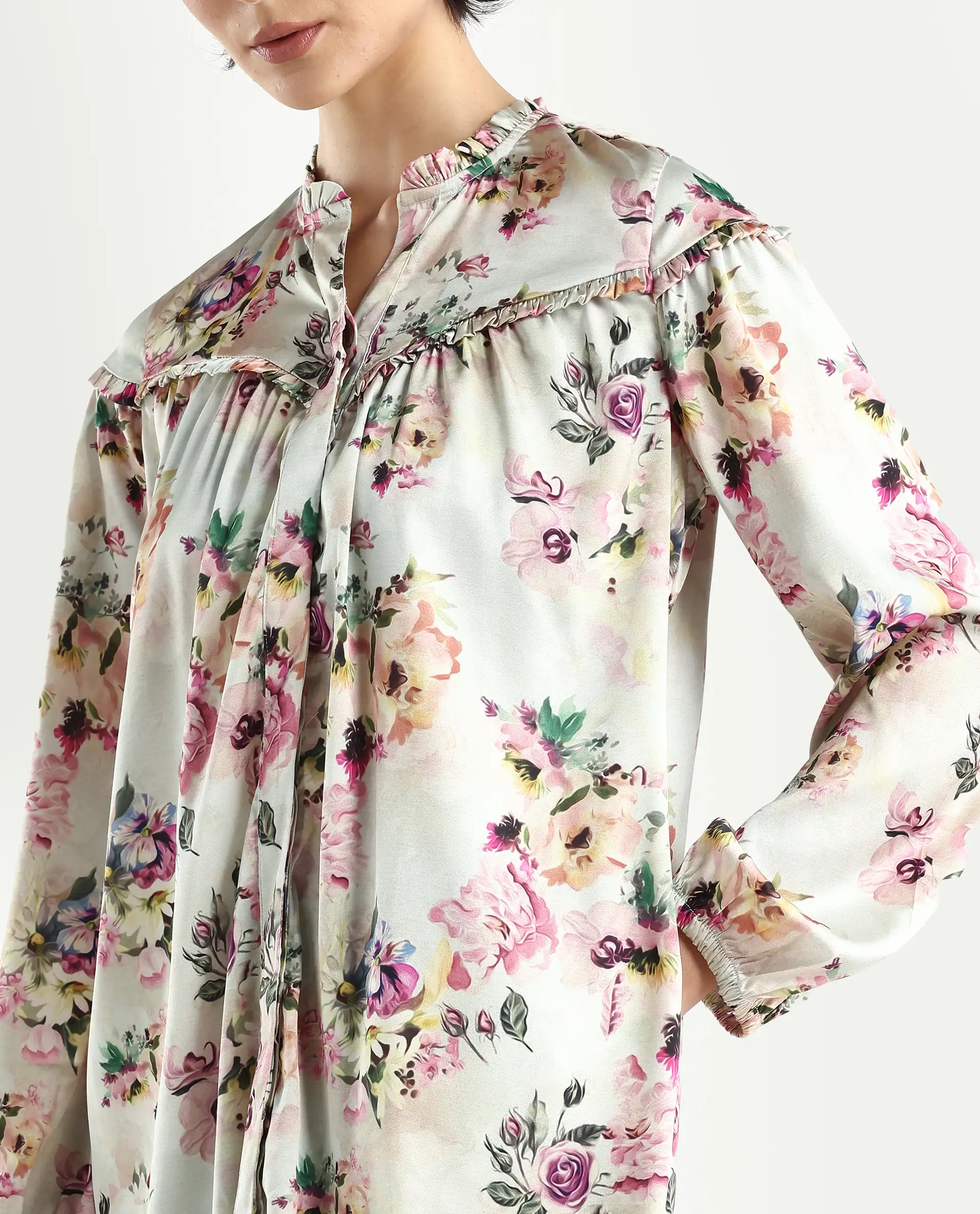 Rareism Women's Penelope Beige Polyester Ruffled Neck Floral Print Mini Regular Fit Dress - Image 4