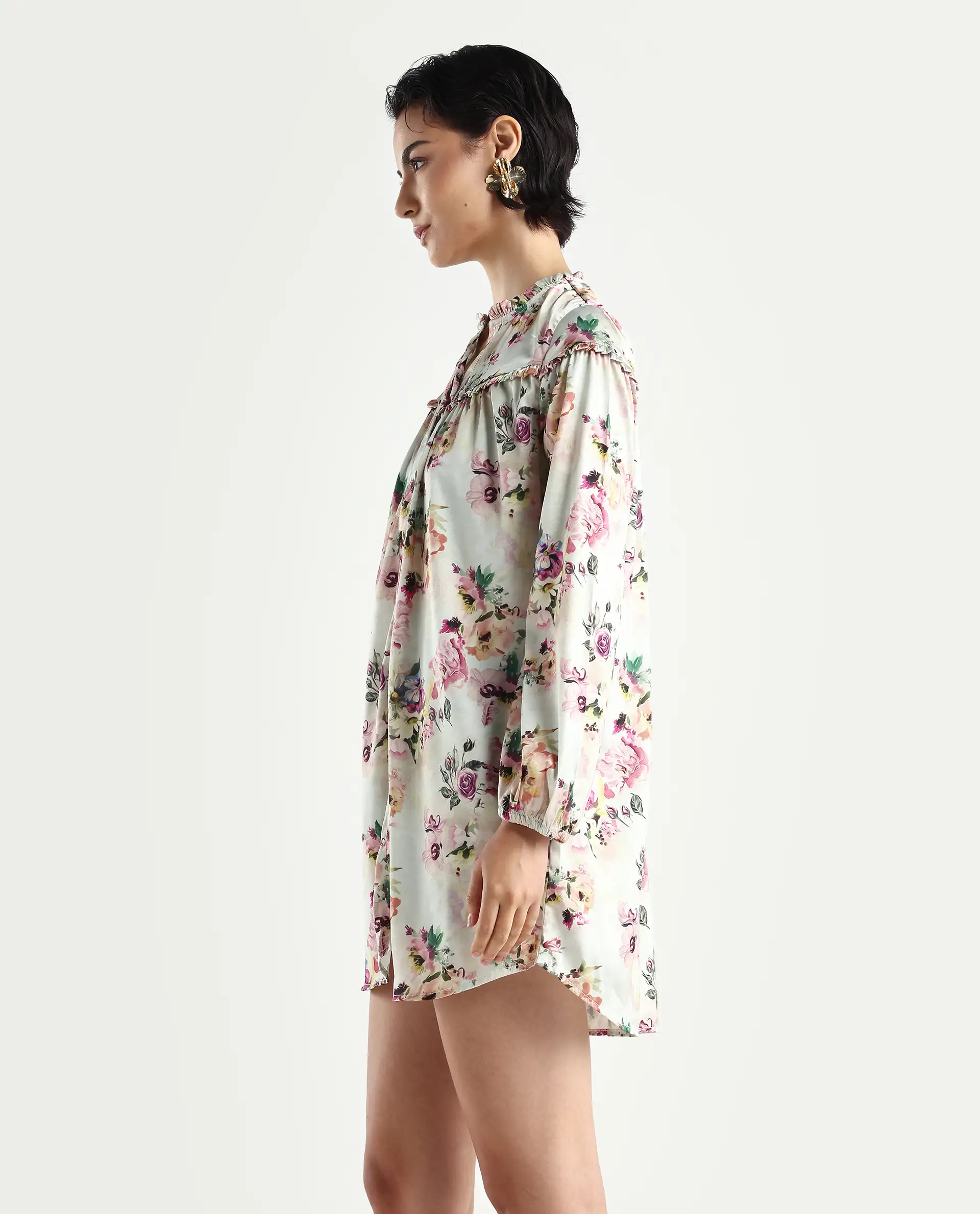 Rareism Women's Penelope Beige Polyester Ruffled Neck Floral Print Mini Regular Fit Dress - Image 5