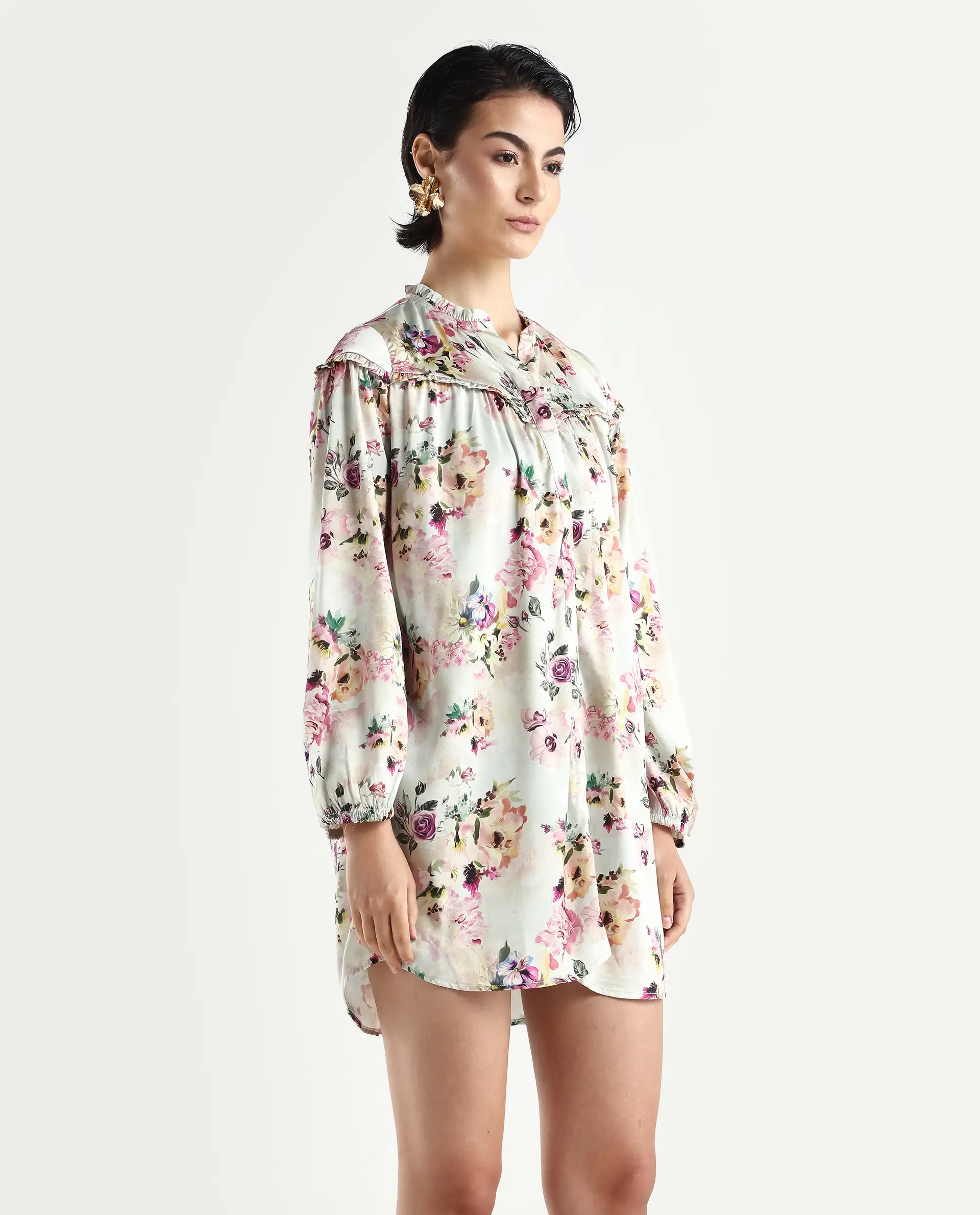 Rareism Women's Penelope Beige Polyester Ruffled Neck Floral Print Mini Regular Fit Dress - Image 6