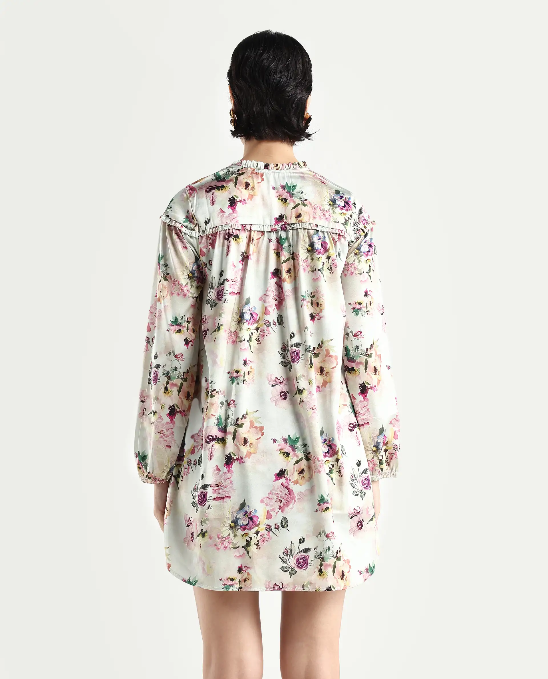 Rareism Women's Penelope Beige Polyester Ruffled Neck Floral Print Mini Regular Fit Dress - Image 7
