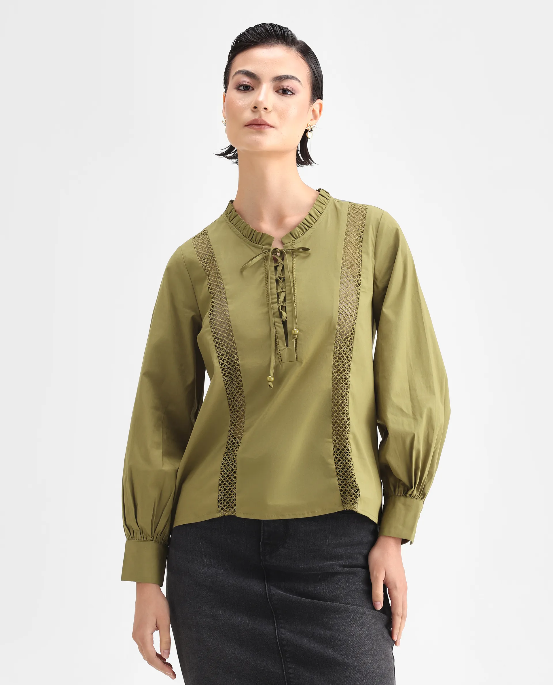 Rareism Women's Penla Light Green Cotton V-Neck Plain Cuffed Sleeve Regular Fit Top - Image 3