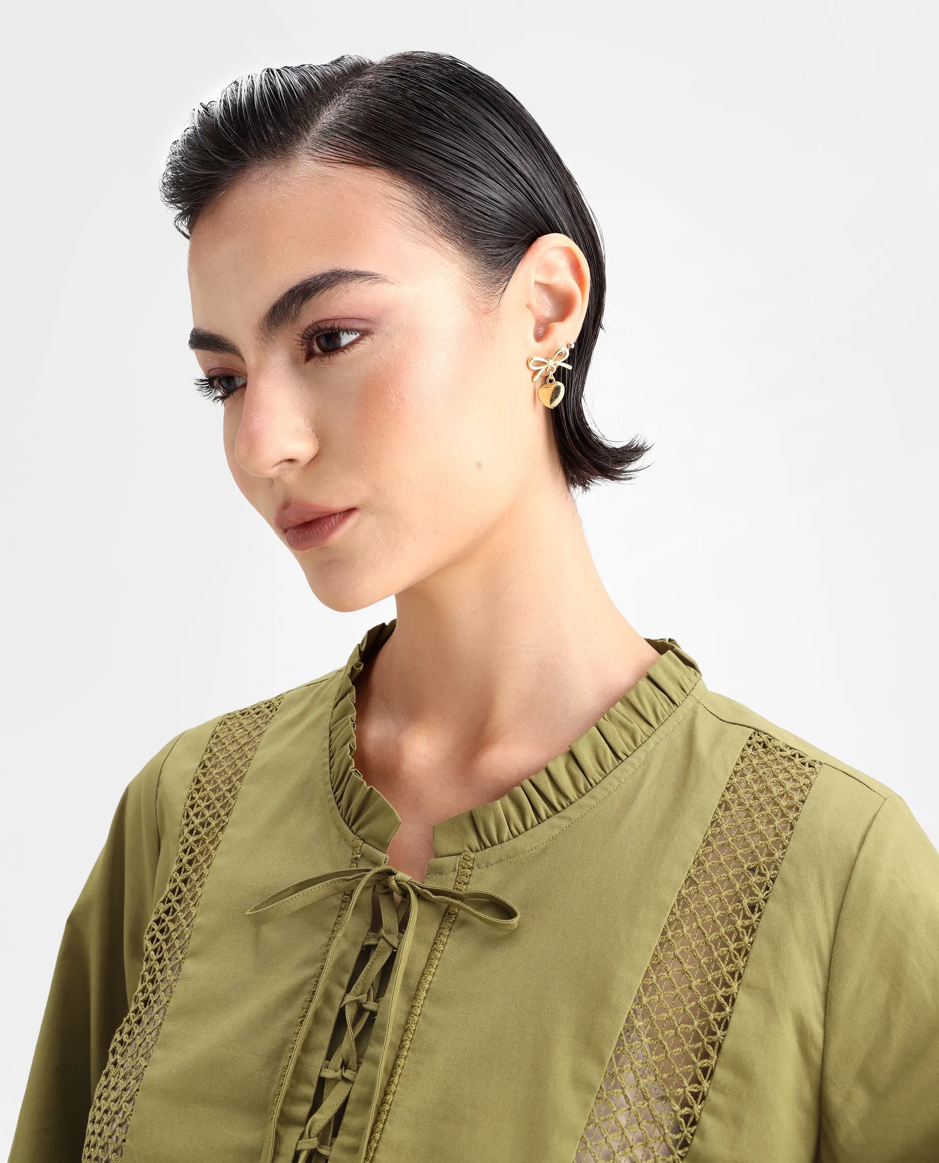 Rareism Women's Penla Light Green Cotton V-Neck Plain Cuffed Sleeve Regular Fit Top - Image 4