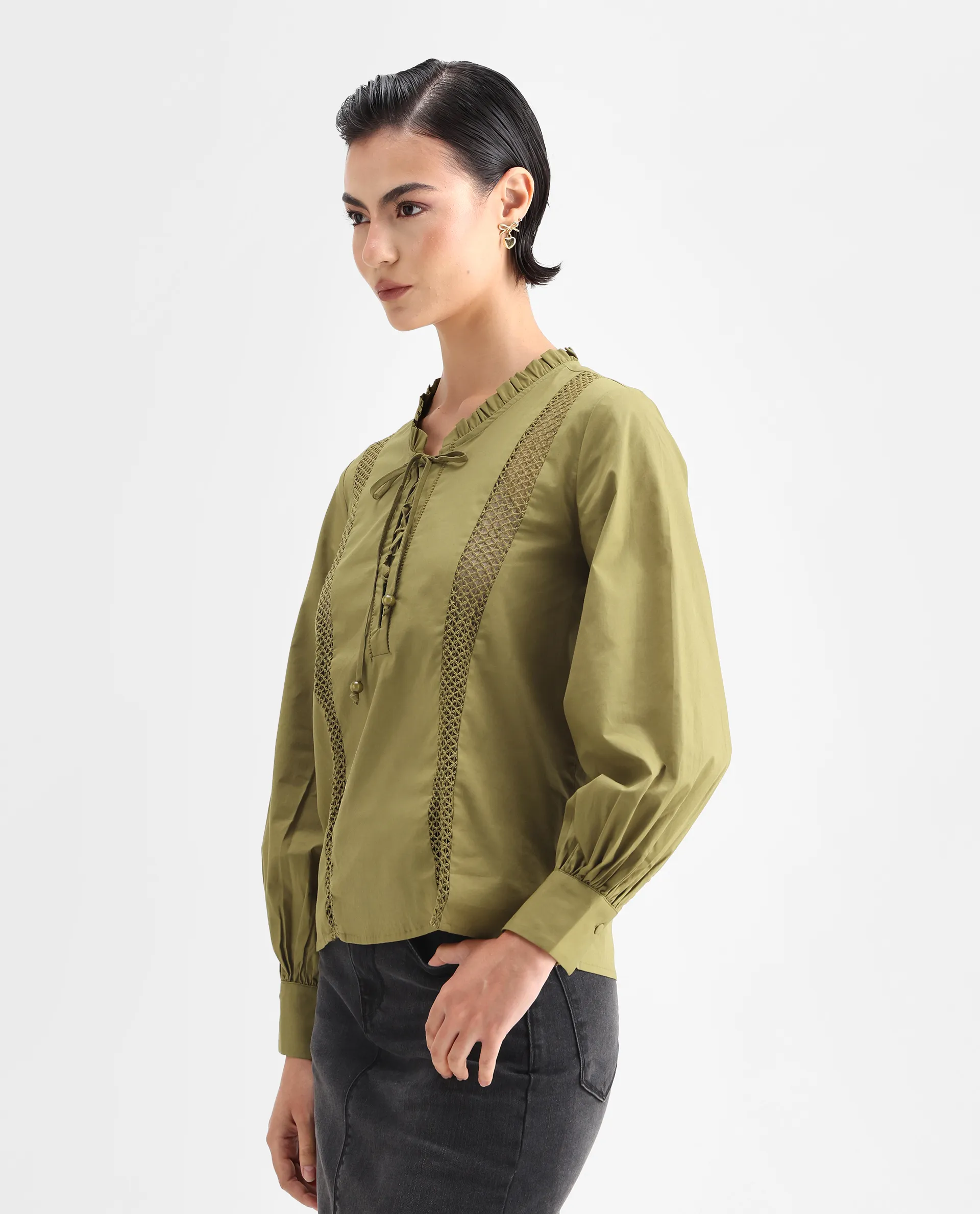 Rareism Women's Penla Light Green Cotton V-Neck Plain Cuffed Sleeve Regular Fit Top - Image 5