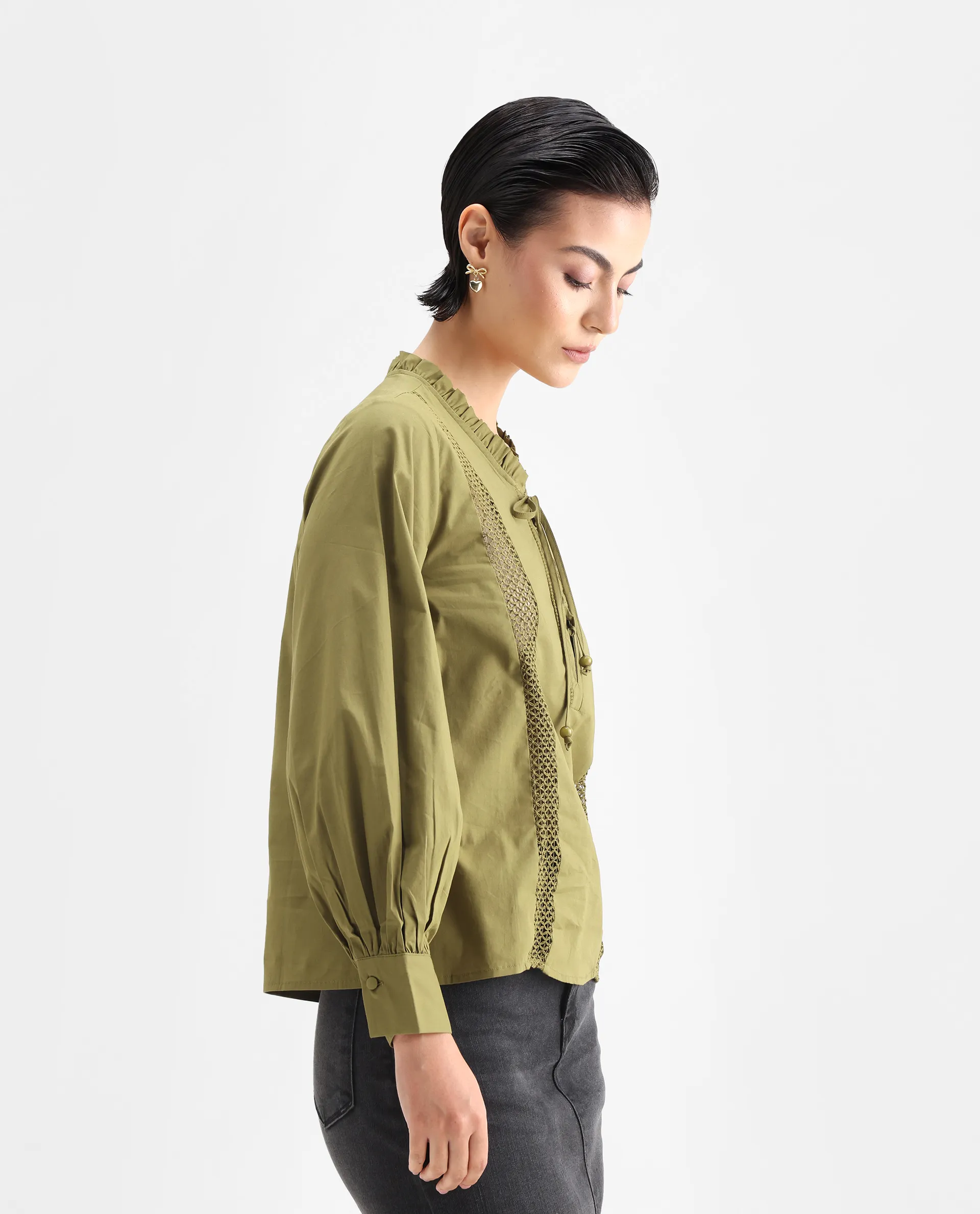 Rareism Women's Penla Light Green Cotton V-Neck Plain Cuffed Sleeve Regular Fit Top - Image 6