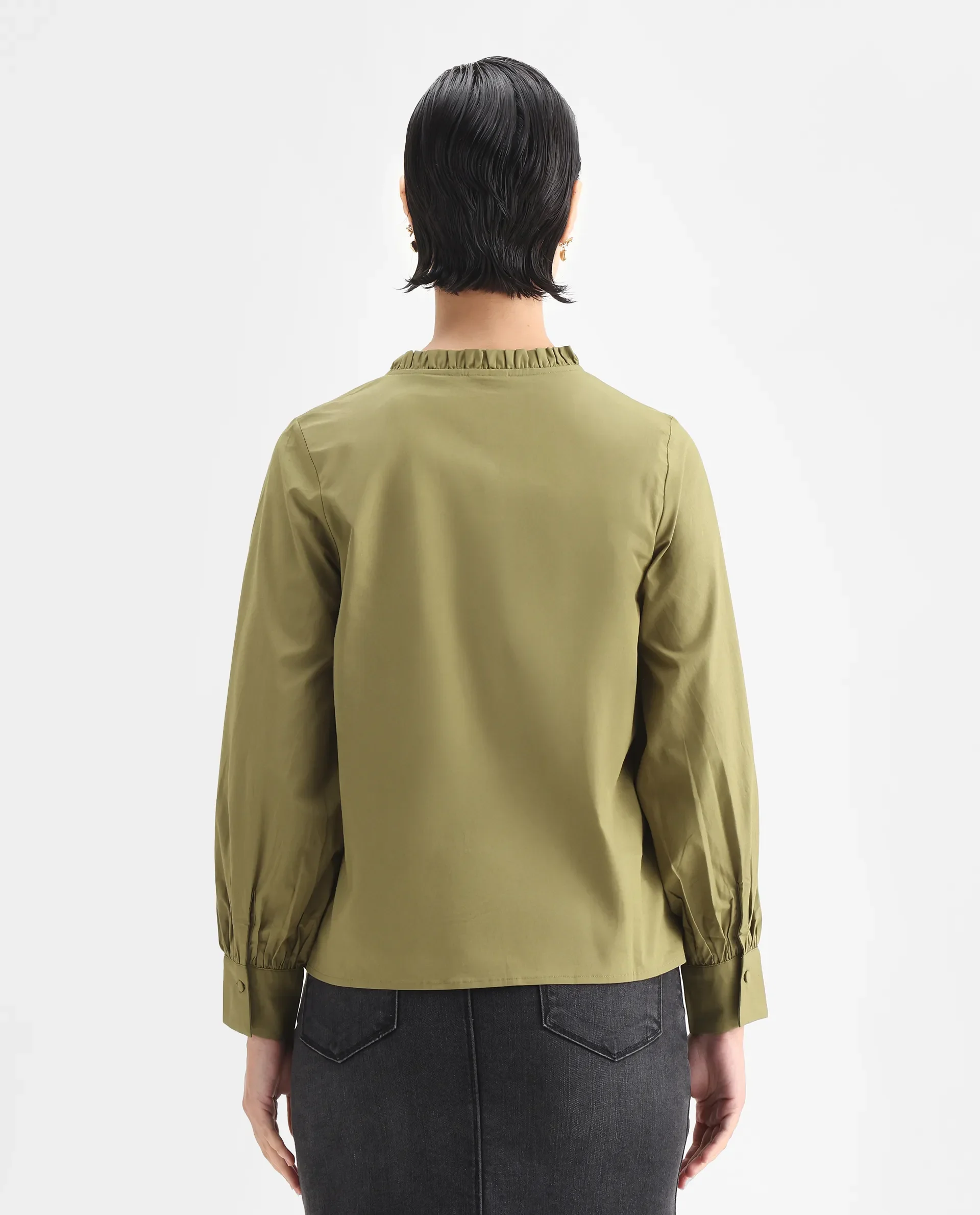 Rareism Women's Penla Light Green Cotton V-Neck Plain Cuffed Sleeve Regular Fit Top - Image 7