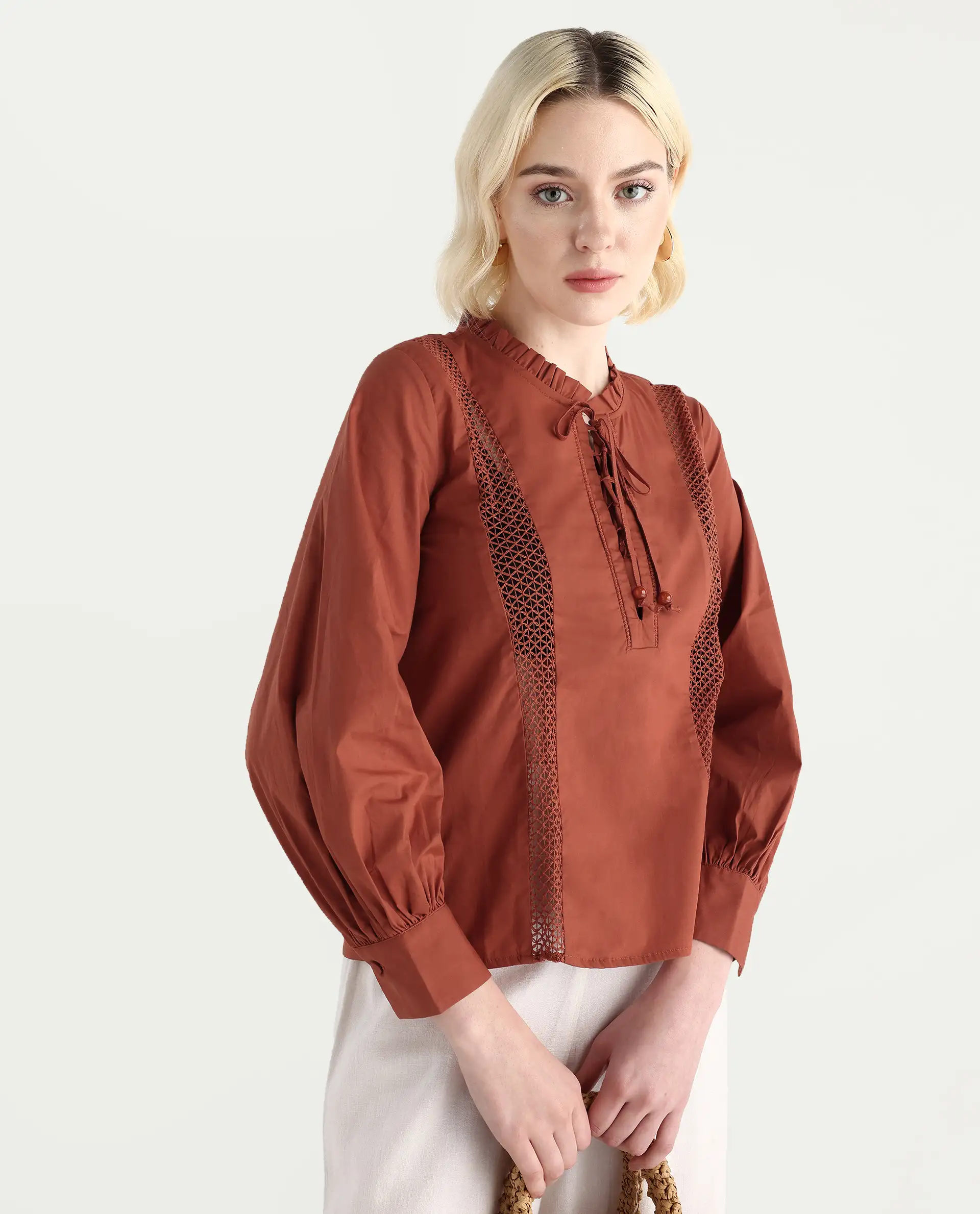 Rareism Women's Penla Rust Cotton V-Neck Plain Cuffed Sleeve Regular Fit Top - Image 2