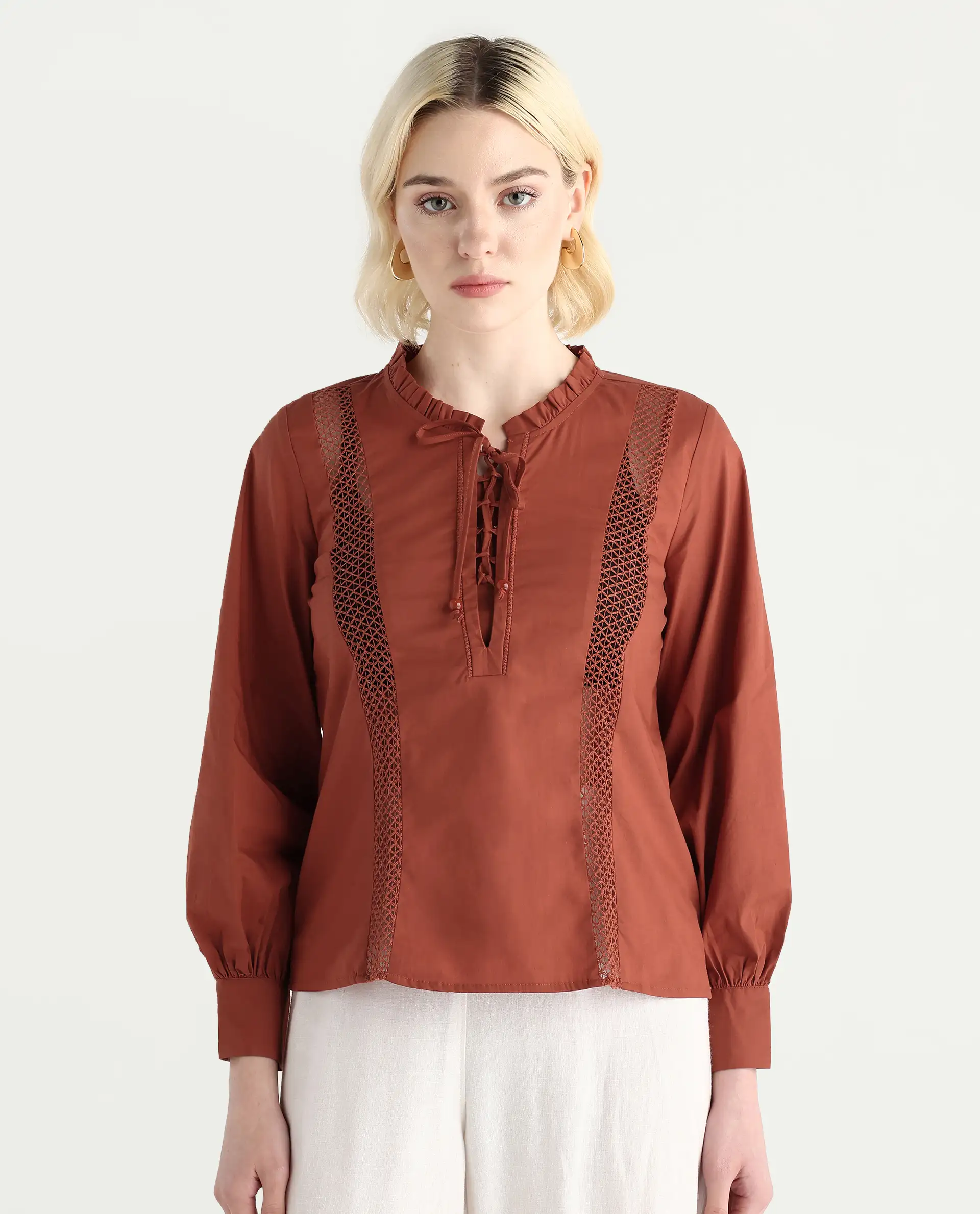 Rareism Women's Penla Rust Cotton V-Neck Plain Cuffed Sleeve Regular Fit Top - Image 3