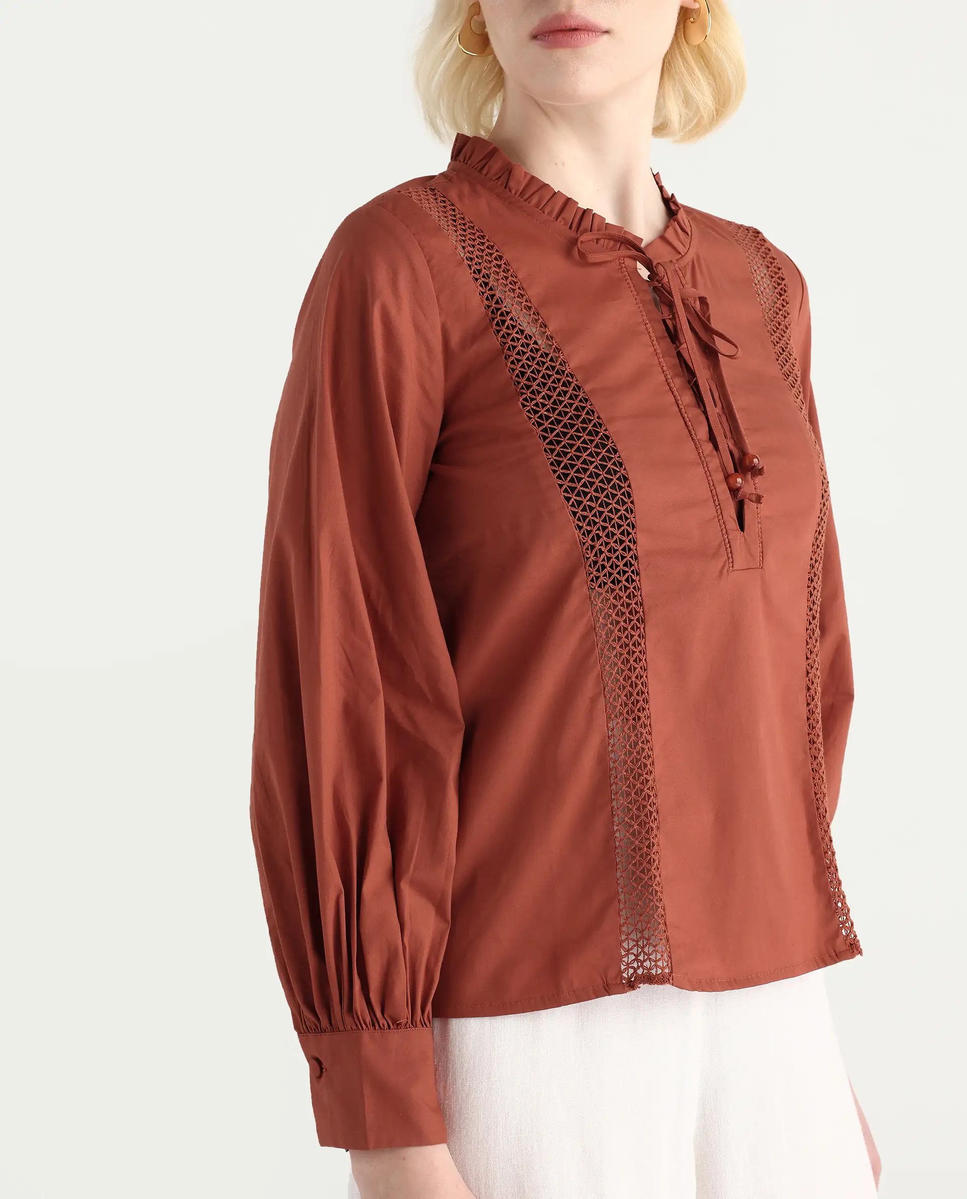 Rareism Women's Penla Rust Cotton V-Neck Plain Cuffed Sleeve Regular Fit Top - Image 4