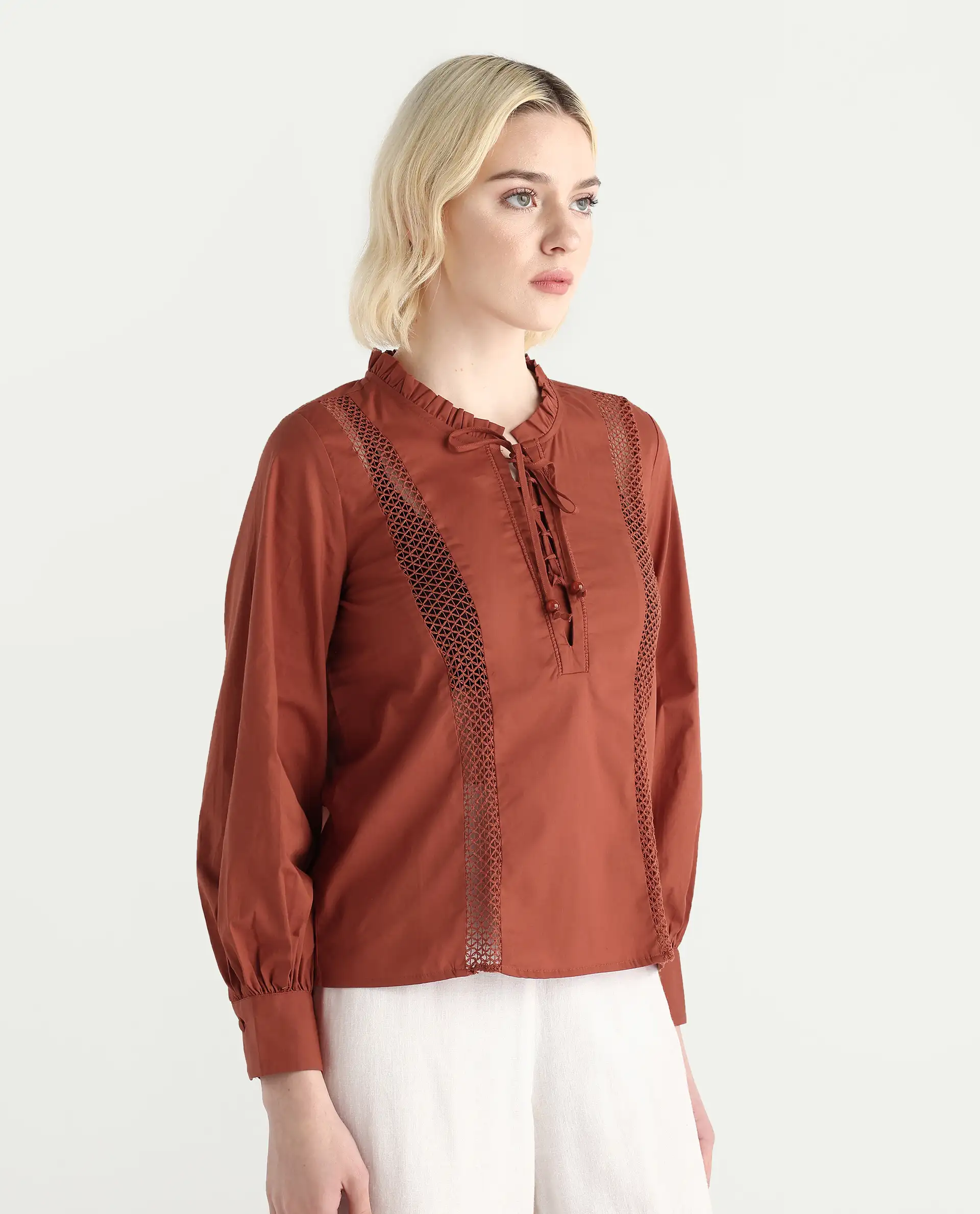 Rareism Women's Penla Rust Cotton V-Neck Plain Cuffed Sleeve Regular Fit Top - Image 5