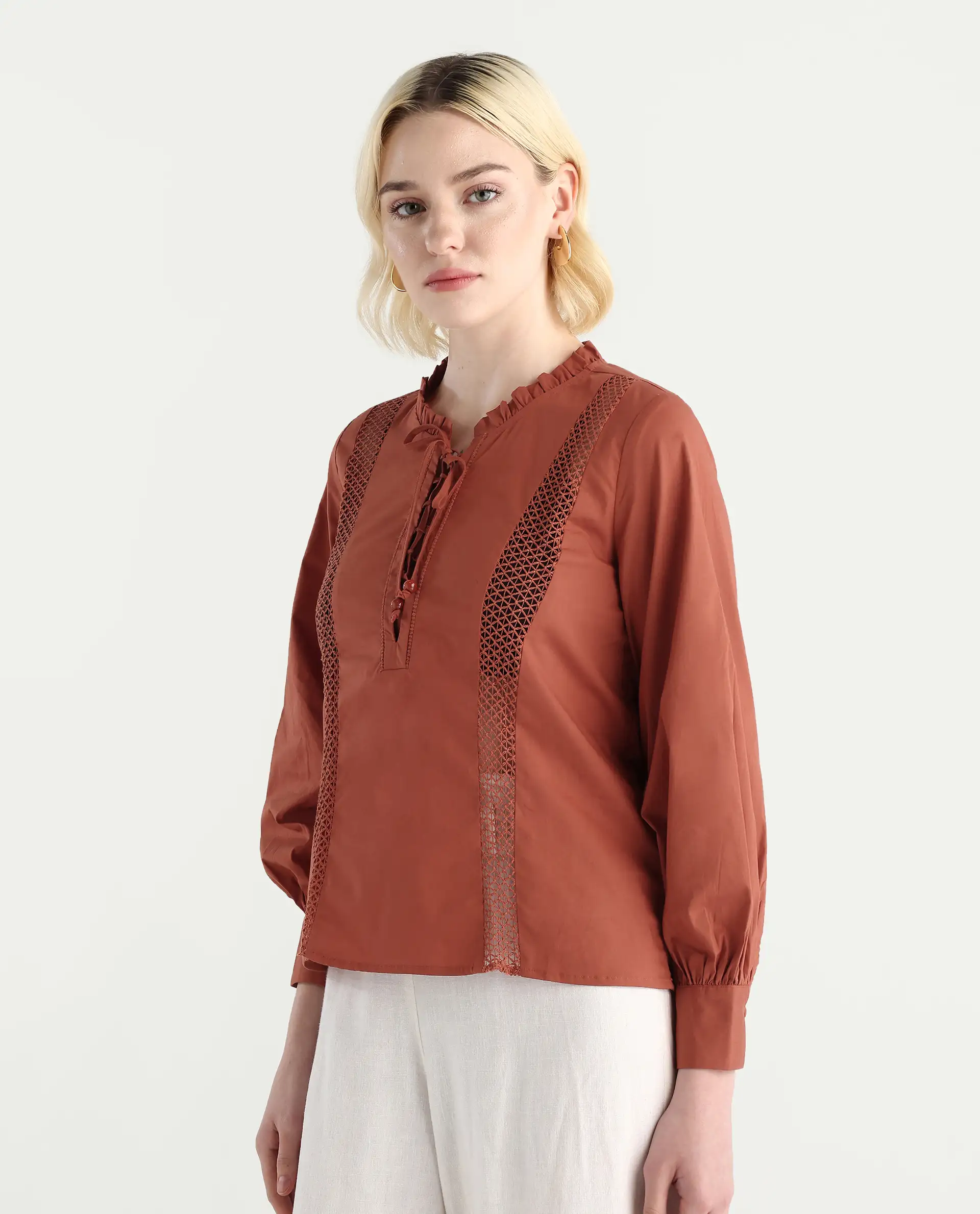Rareism Women's Penla Rust Cotton V-Neck Plain Cuffed Sleeve Regular Fit Top - Image 6