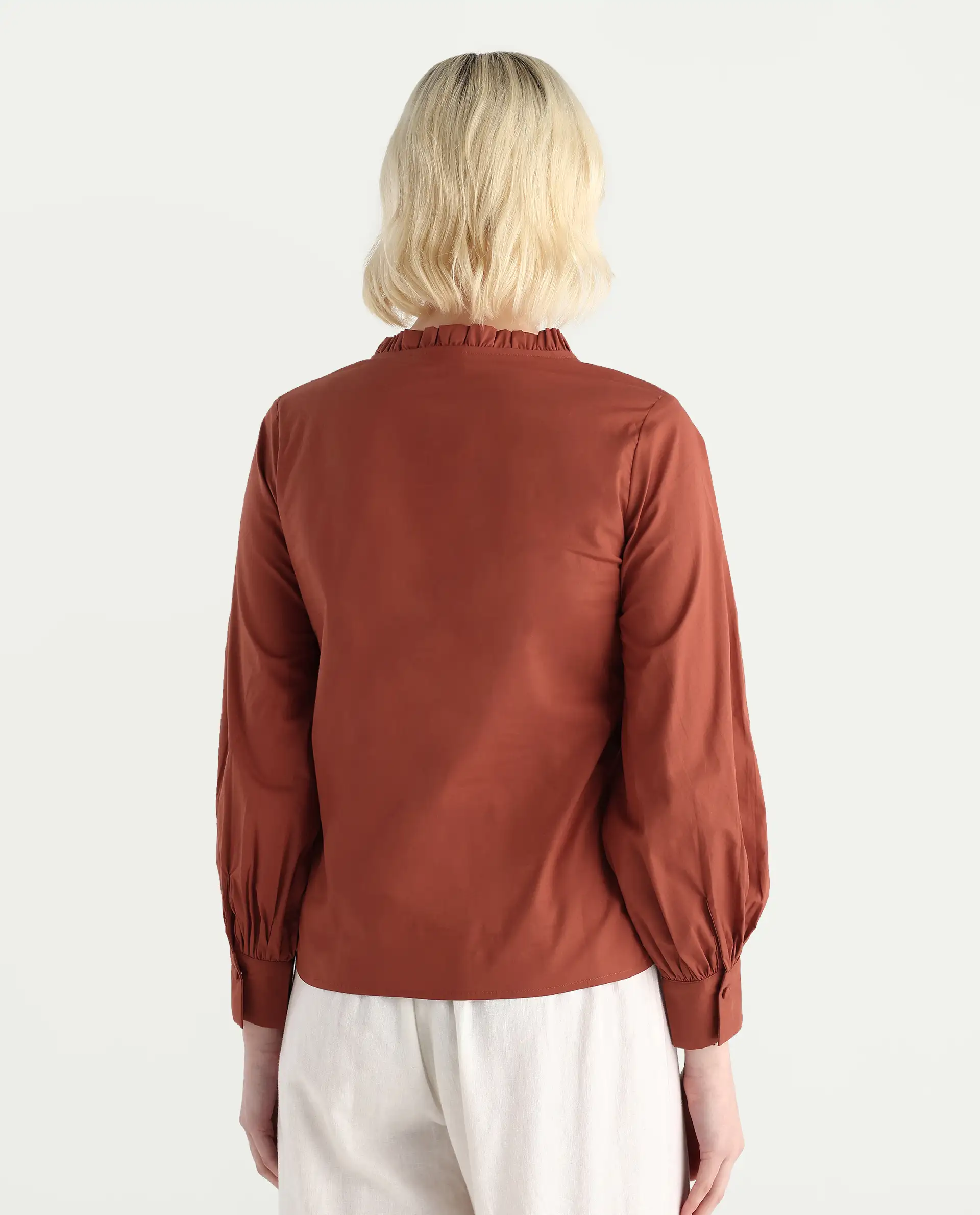 Rareism Women's Penla Rust Cotton V-Neck Plain Cuffed Sleeve Regular Fit Top - Image 7