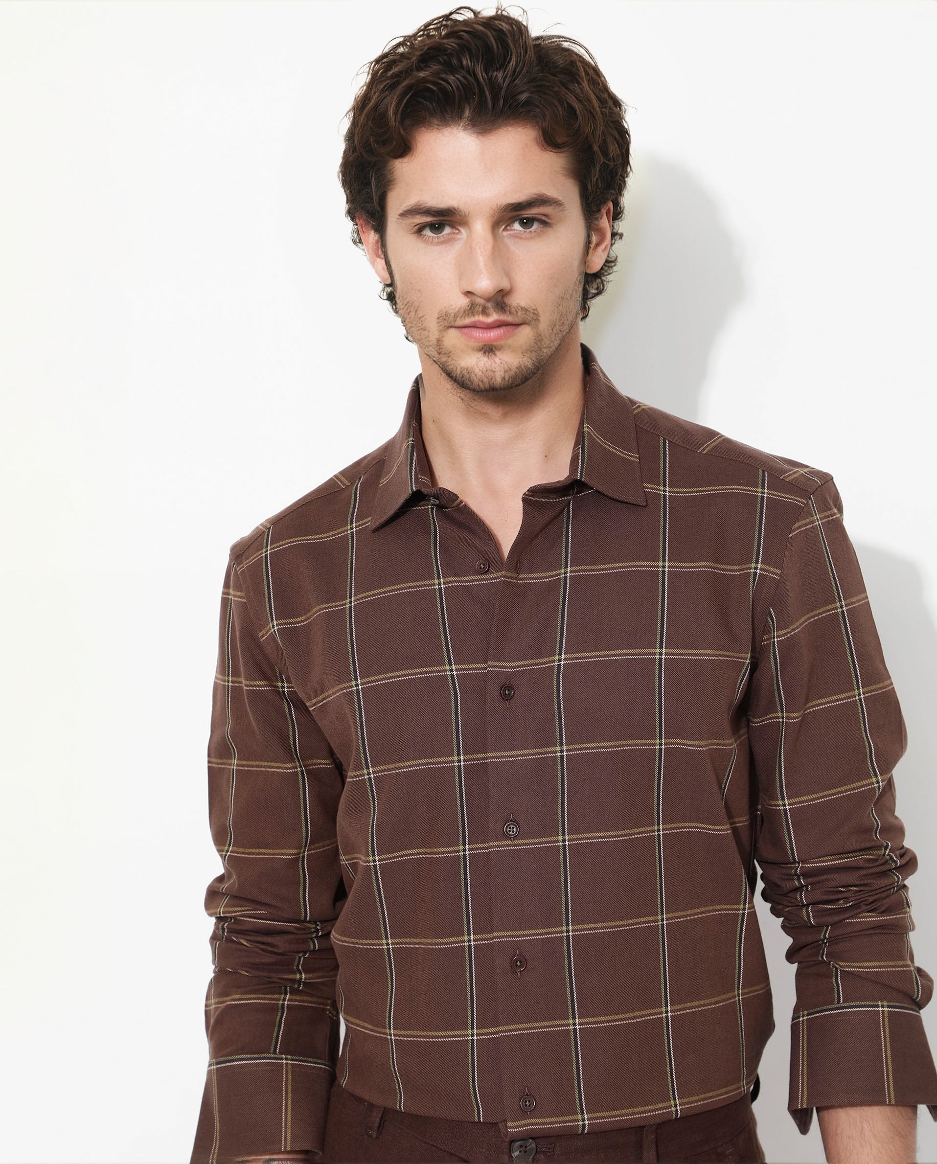 Rare Rabbit Men's Penza Brown Cotton Checked Print Regular Fit Full Sleeve Collared Shirt