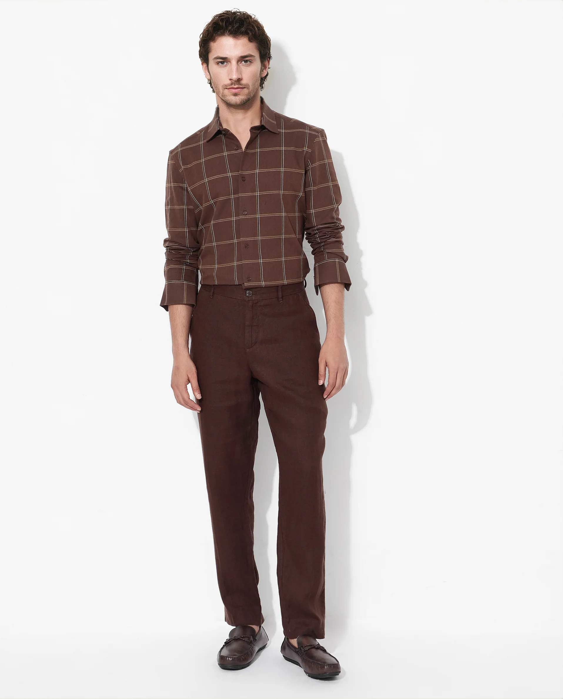 Rare Rabbit Men's Penza Brown Cotton Checked Print Regular Fit Full Sleeve Collared Shirt - Image 2