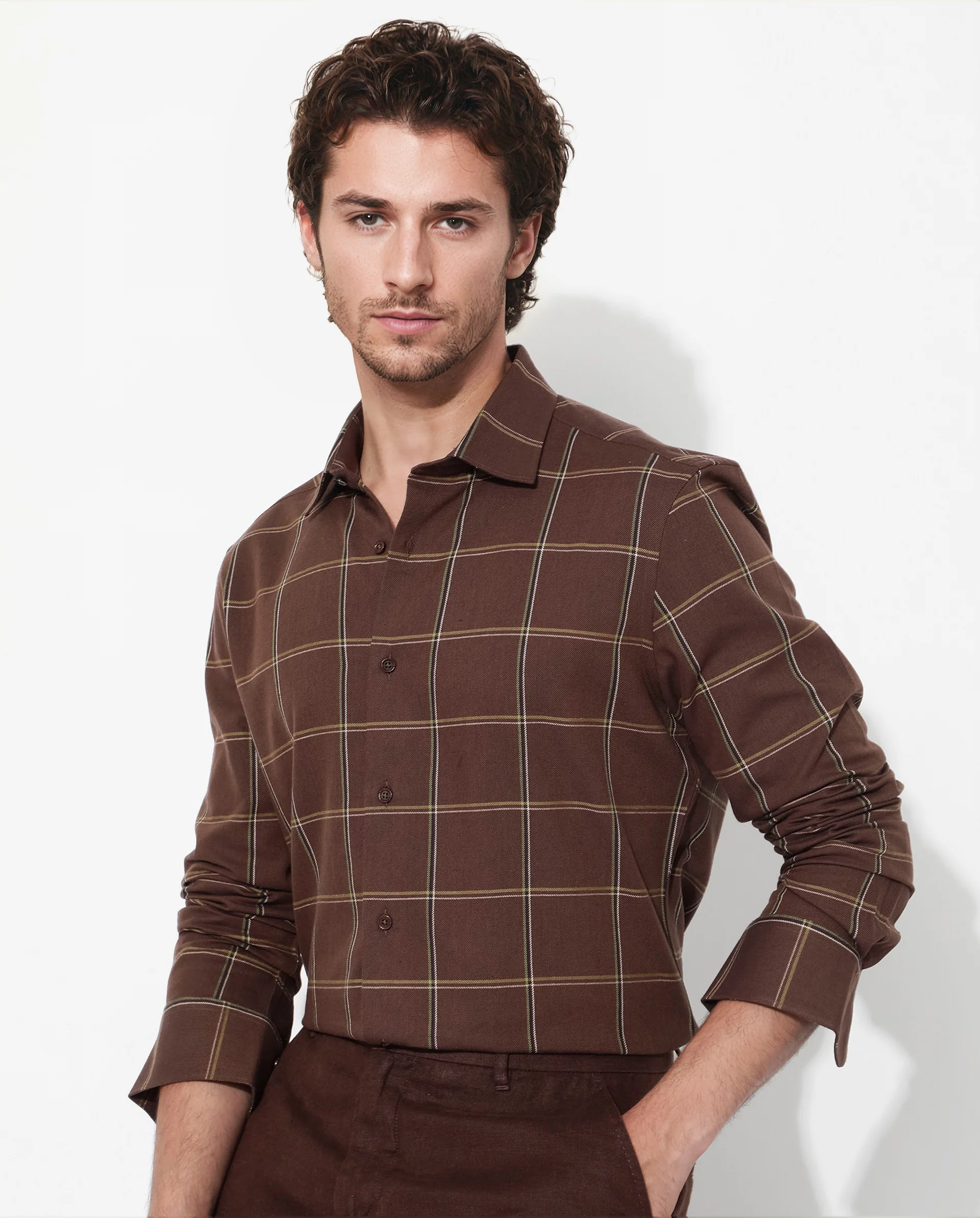 Rare Rabbit Men's Penza Brown Cotton Checked Print Regular Fit Full Sleeve Collared Shirt - Image 3