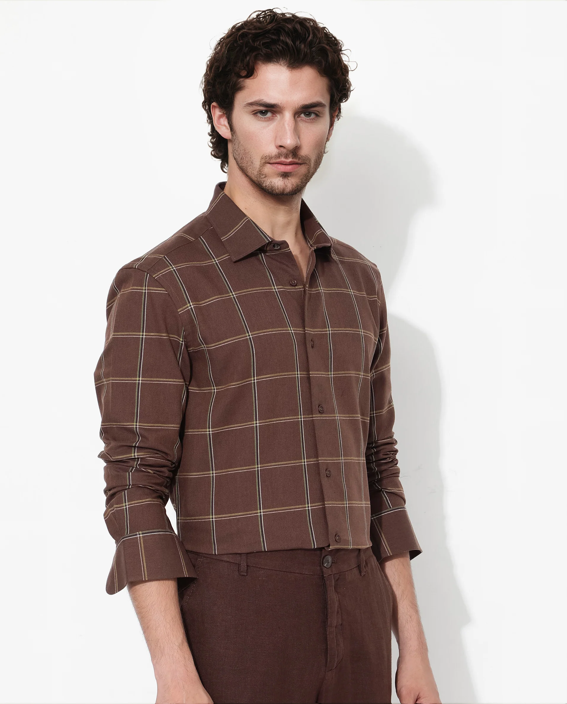 Rare Rabbit Men's Penza Brown Cotton Checked Print Regular Fit Full Sleeve Collared Shirt - Image 6