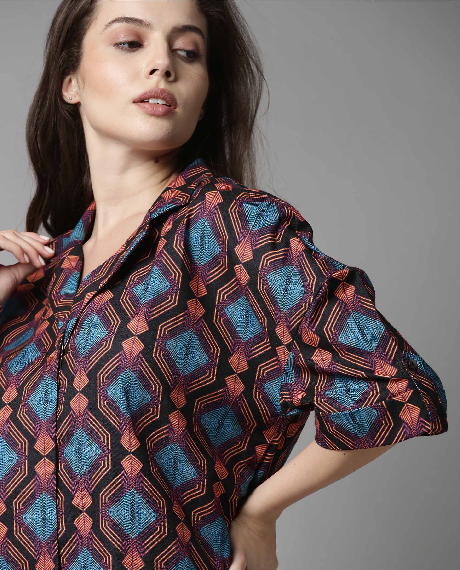Rareism Women Peppy Black Top Full Sleeves Printed