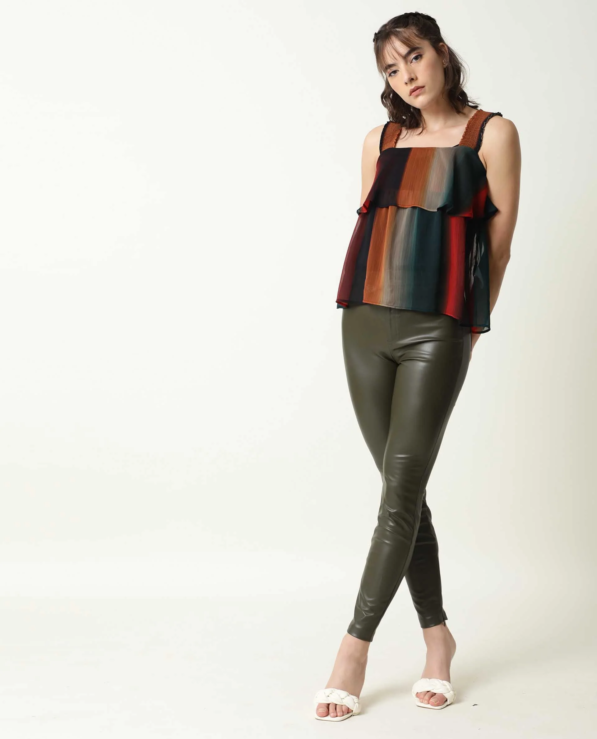 Rareism Women's Pepsi Multi Viscose Square Neck Striped Shoulder Strap Crop Regular Fit Top - Image 2