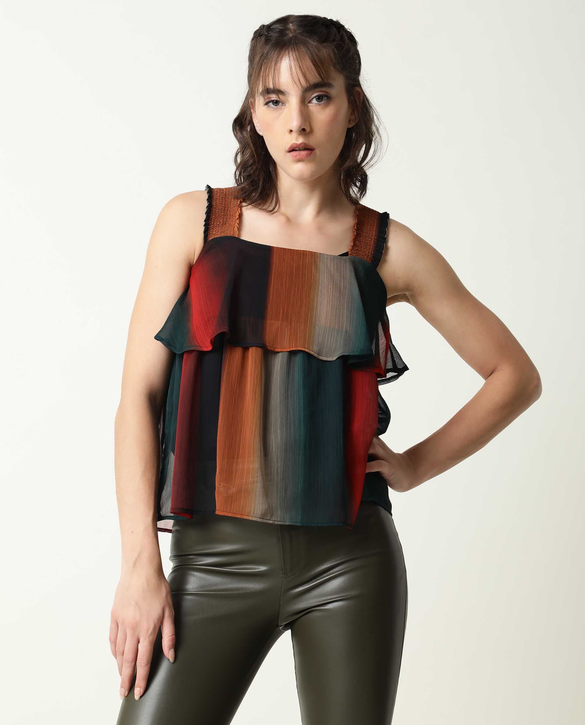 Rareism Women's Pepsi Multi Viscose Square Neck Striped Shoulder Strap Crop Regular Fit Top - Image 4