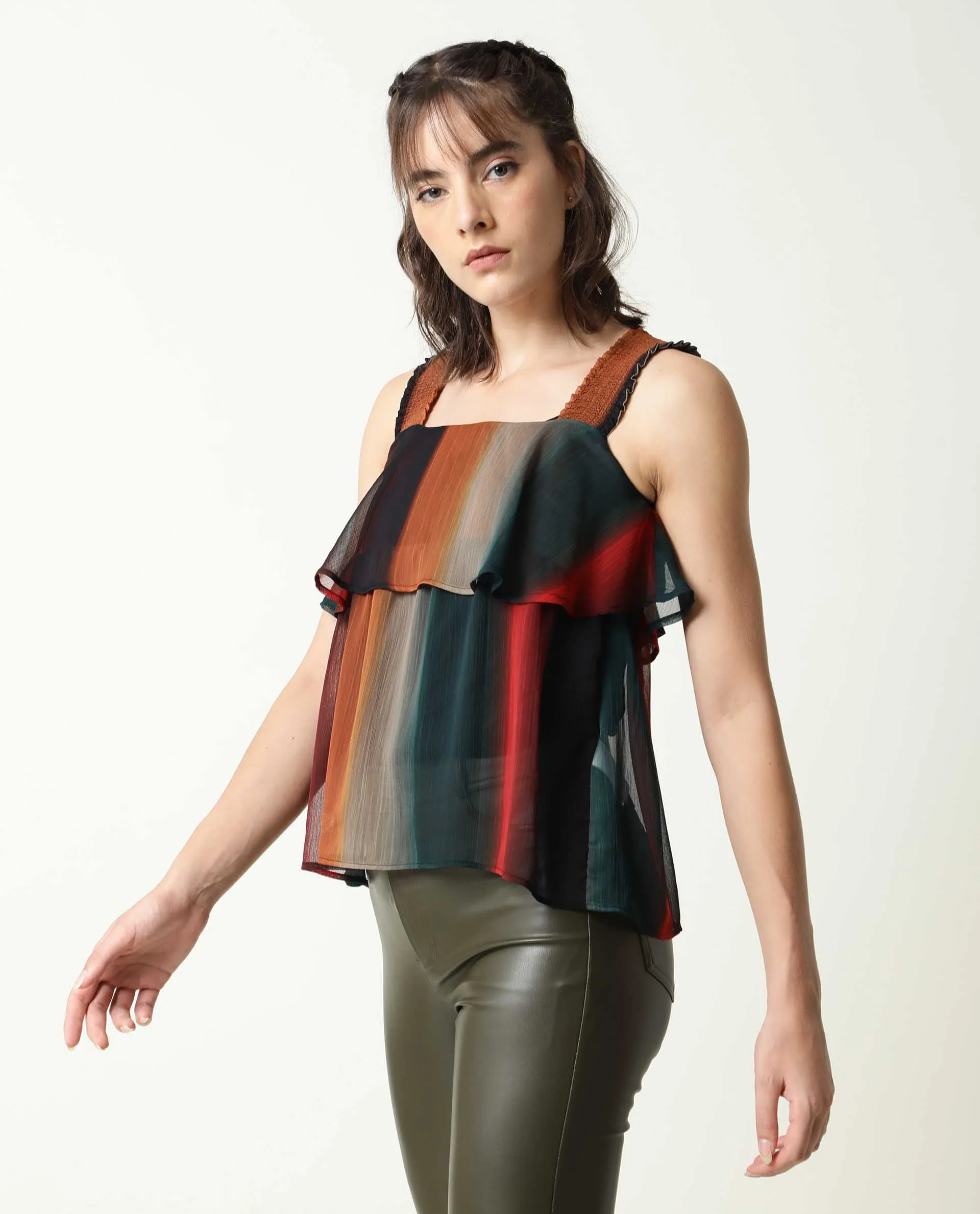 Rareism Women's Pepsi Multi Viscose Square Neck Striped Shoulder Strap Crop Regular Fit Top - Image 5