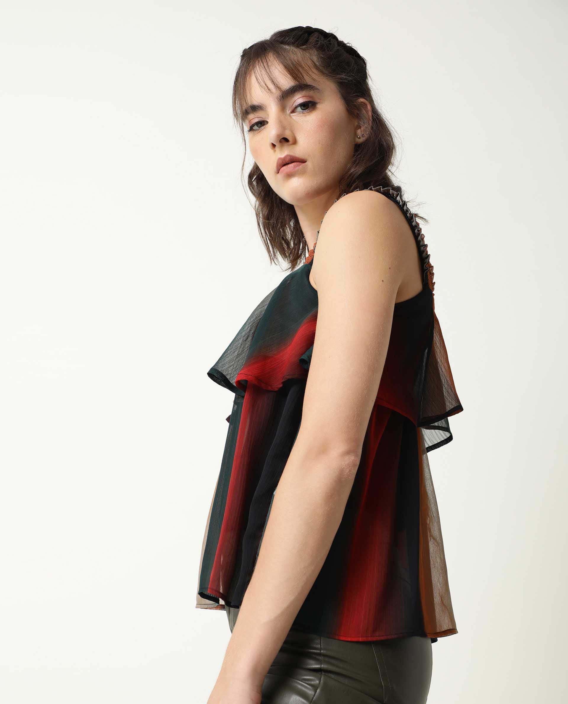 Rareism Women's Pepsi Multi Viscose Square Neck Striped Shoulder Strap Crop Regular Fit Top - Image 6