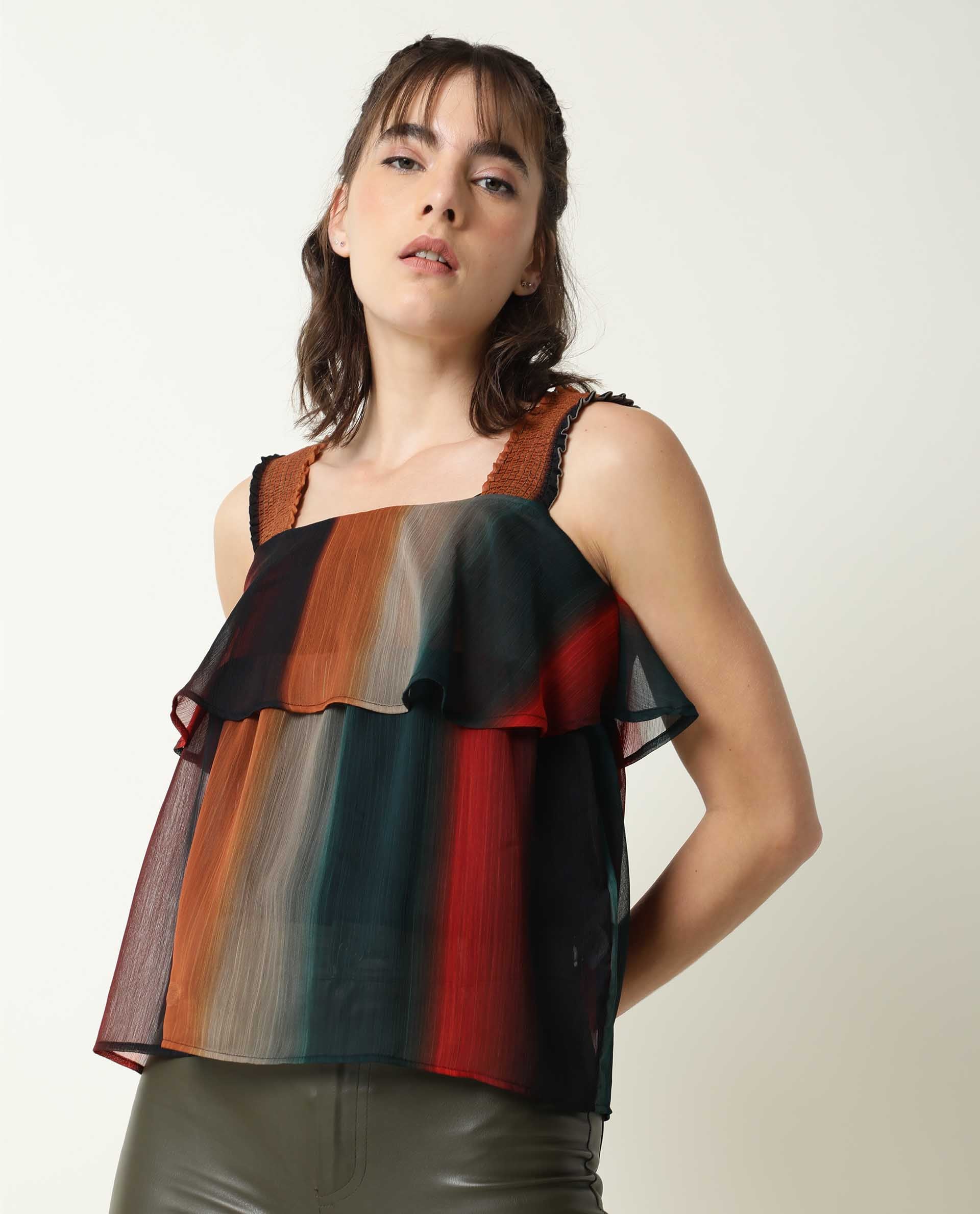 Rareism Women's Pepsi Multi Viscose Square Neck Striped Shoulder Strap Crop Regular Fit Top - Image 8
