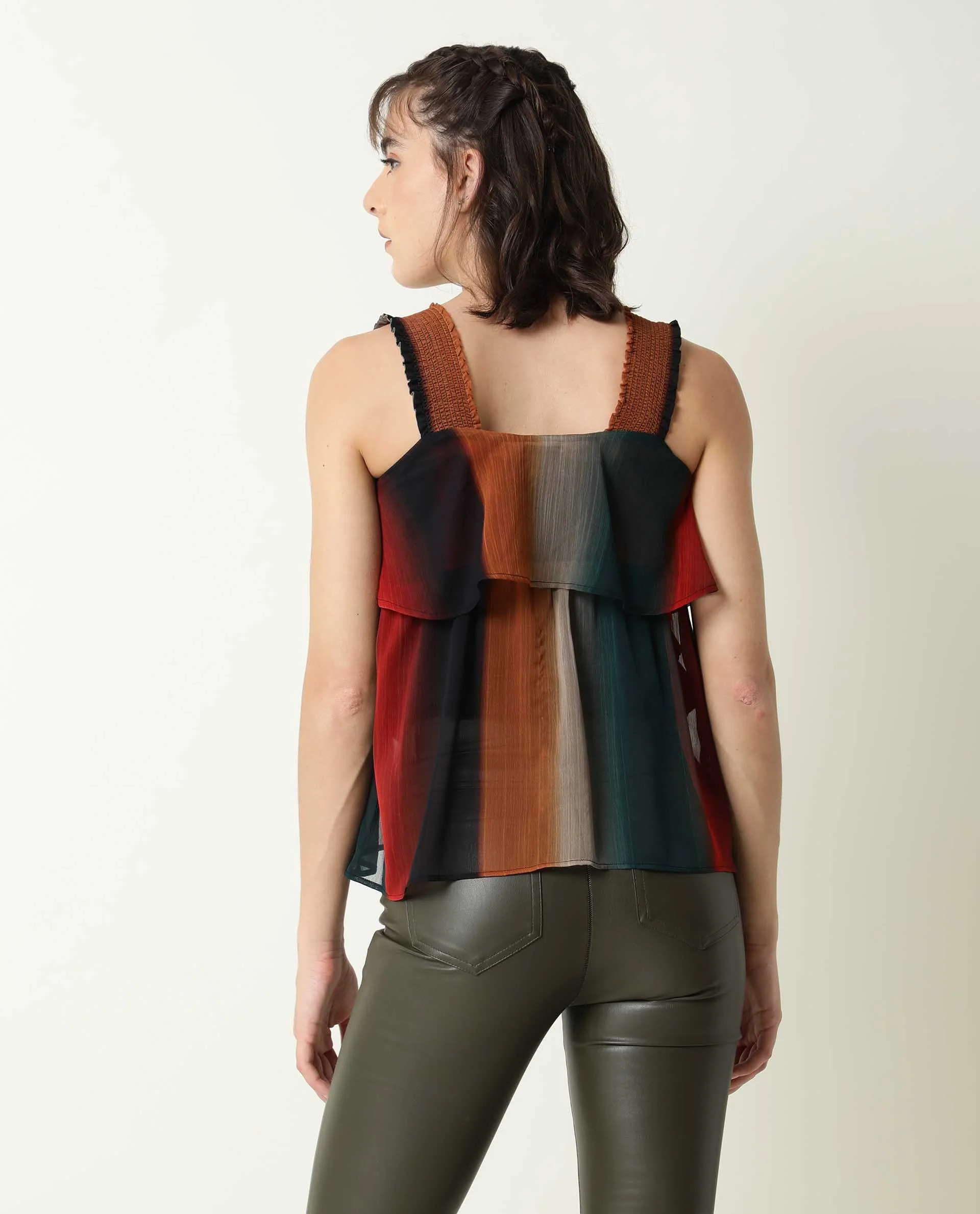 Rareism Women's Pepsi Multi Viscose Square Neck Striped Shoulder Strap Crop Regular Fit Top - Image 9