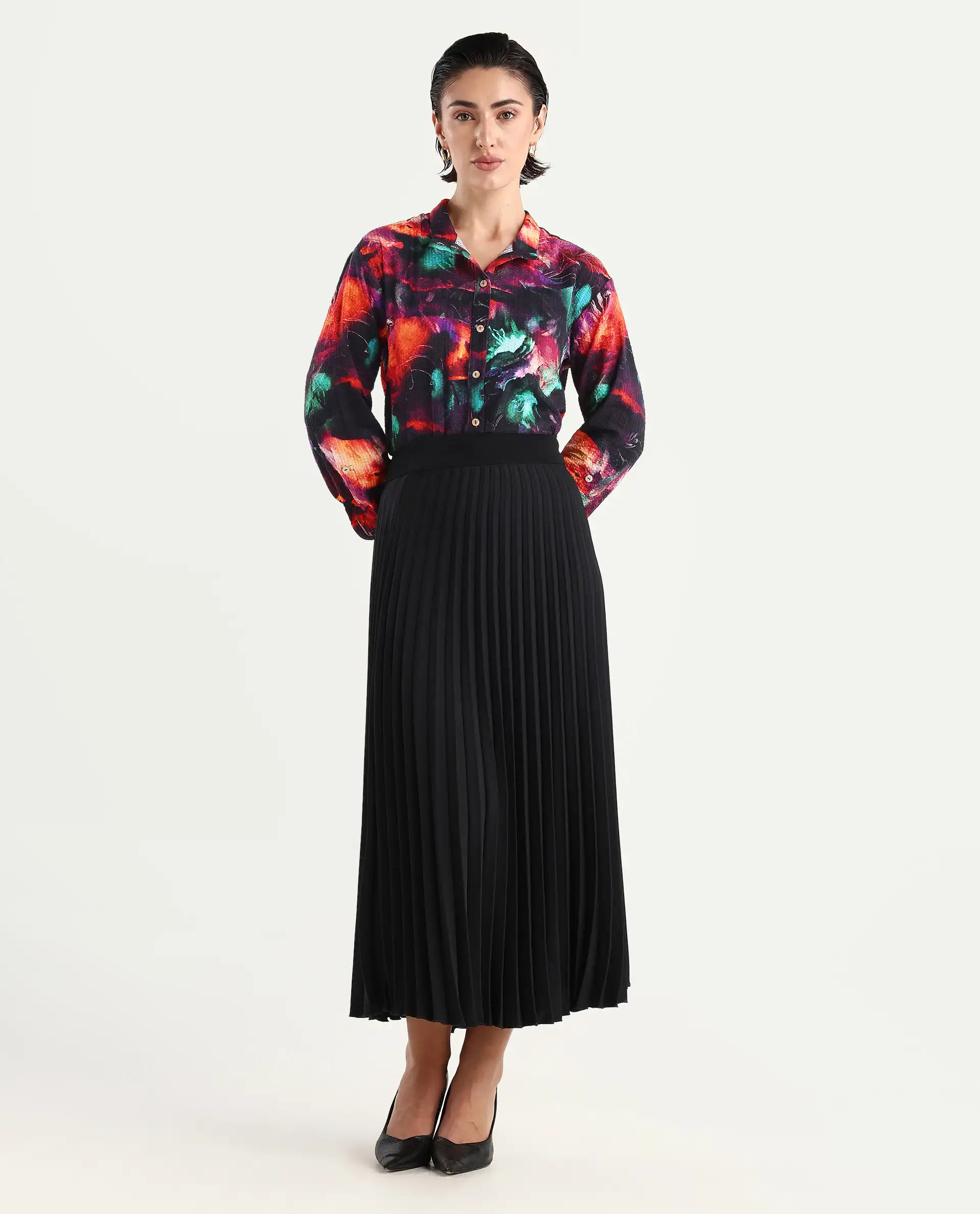Rareism Women's Peptid Multi Cotton Blend Spread Collar Abstract Print Cuffed Sleeve Regular Fit Top - Image 2