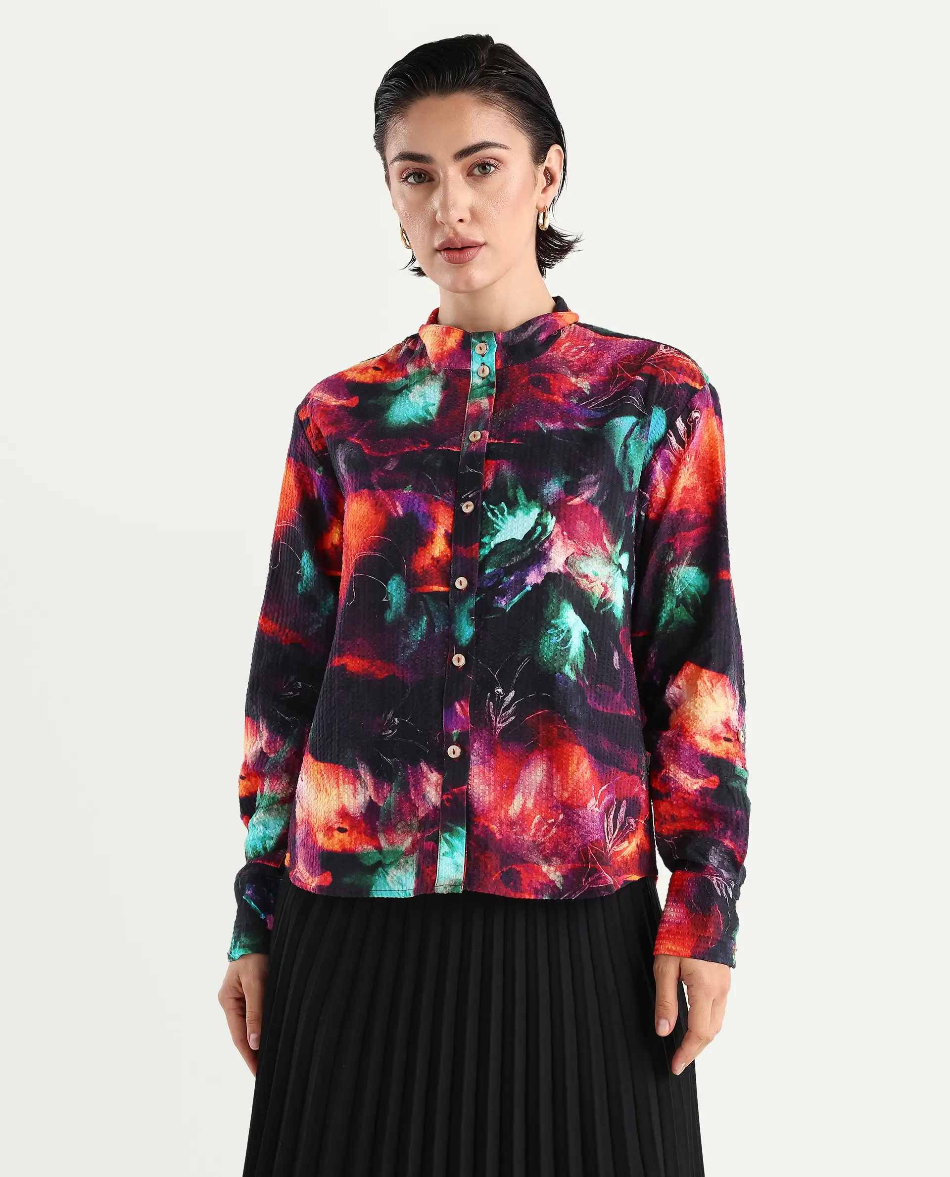 Rareism Women's Peptid Multi Cotton Blend Spread Collar Abstract Print Cuffed Sleeve Regular Fit Top - Image 3