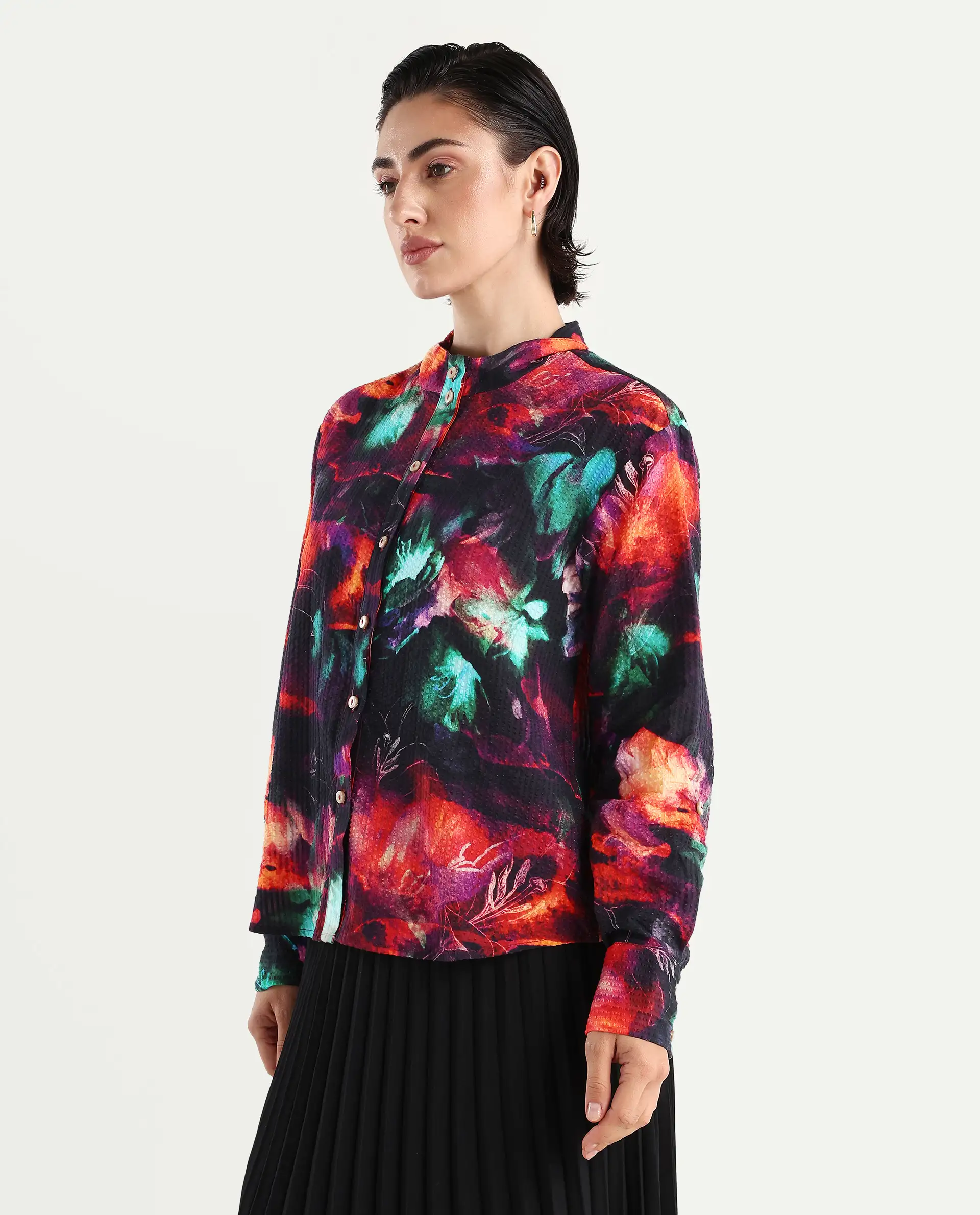 Rareism Women's Peptid Multi Cotton Blend Spread Collar Abstract Print Cuffed Sleeve Regular Fit Top - Image 4