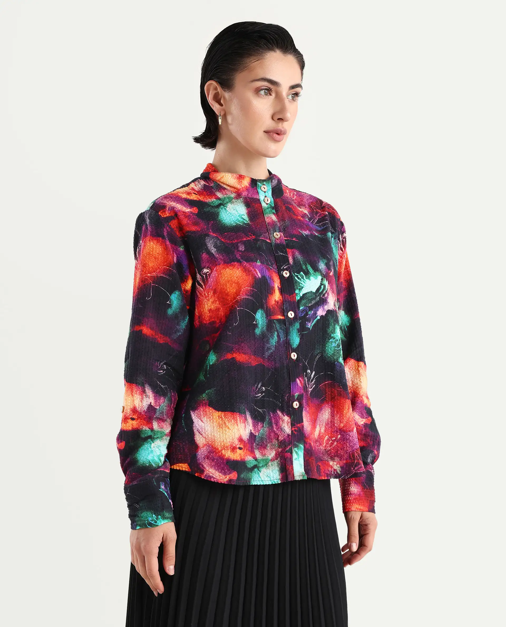 Rareism Women's Peptid Multi Cotton Blend Spread Collar Abstract Print Cuffed Sleeve Regular Fit Top - Image 5