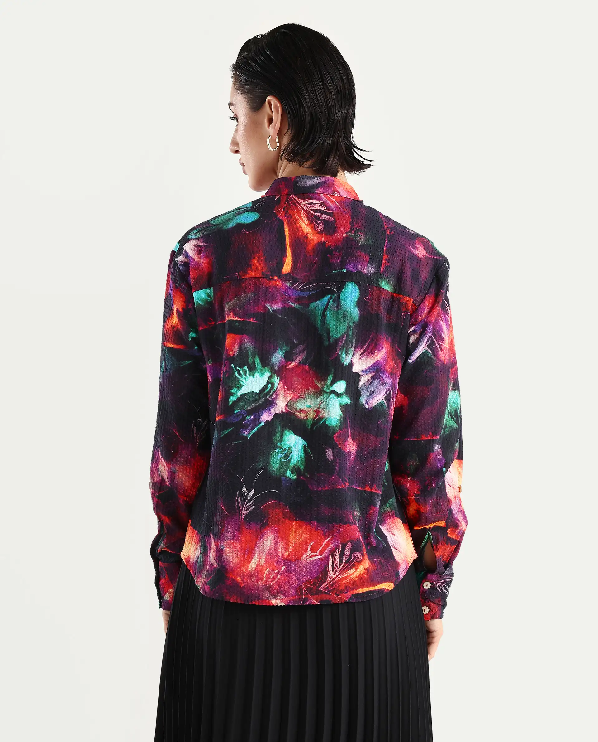 Rareism Women's Peptid Multi Cotton Blend Spread Collar Abstract Print Cuffed Sleeve Regular Fit Top - Image 6
