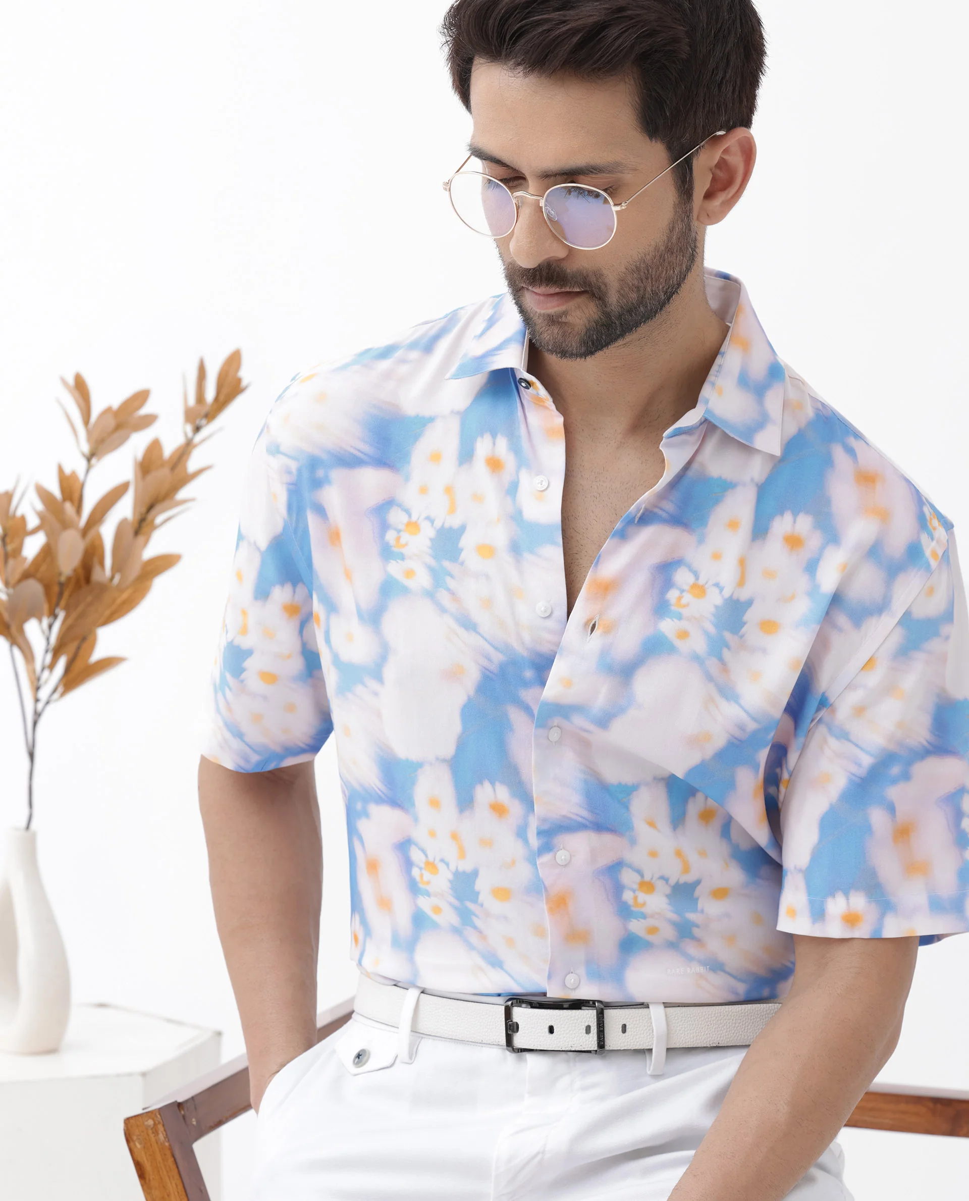 Rare Rabbit Men's Percim Blue Viscose Floral Print Boxy Fit Half Sleeve Collared Shirt - Image 5