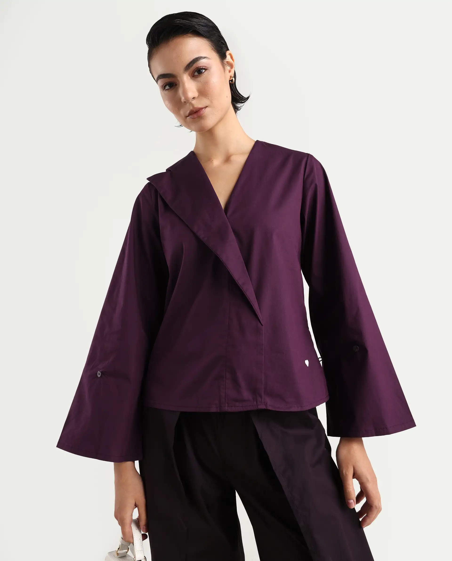 Rareism Women's Perdu Purple Cotton Blend V-Neck Plain Bell Sleeve Regular Fit Top