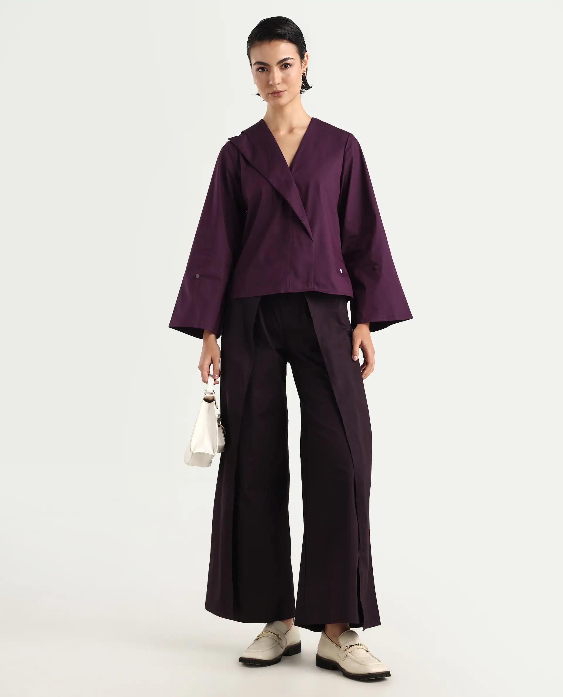 Rareism Women's Perdu Purple Cotton Blend V-Neck Plain Bell Sleeve Regular Fit Top - Image 2