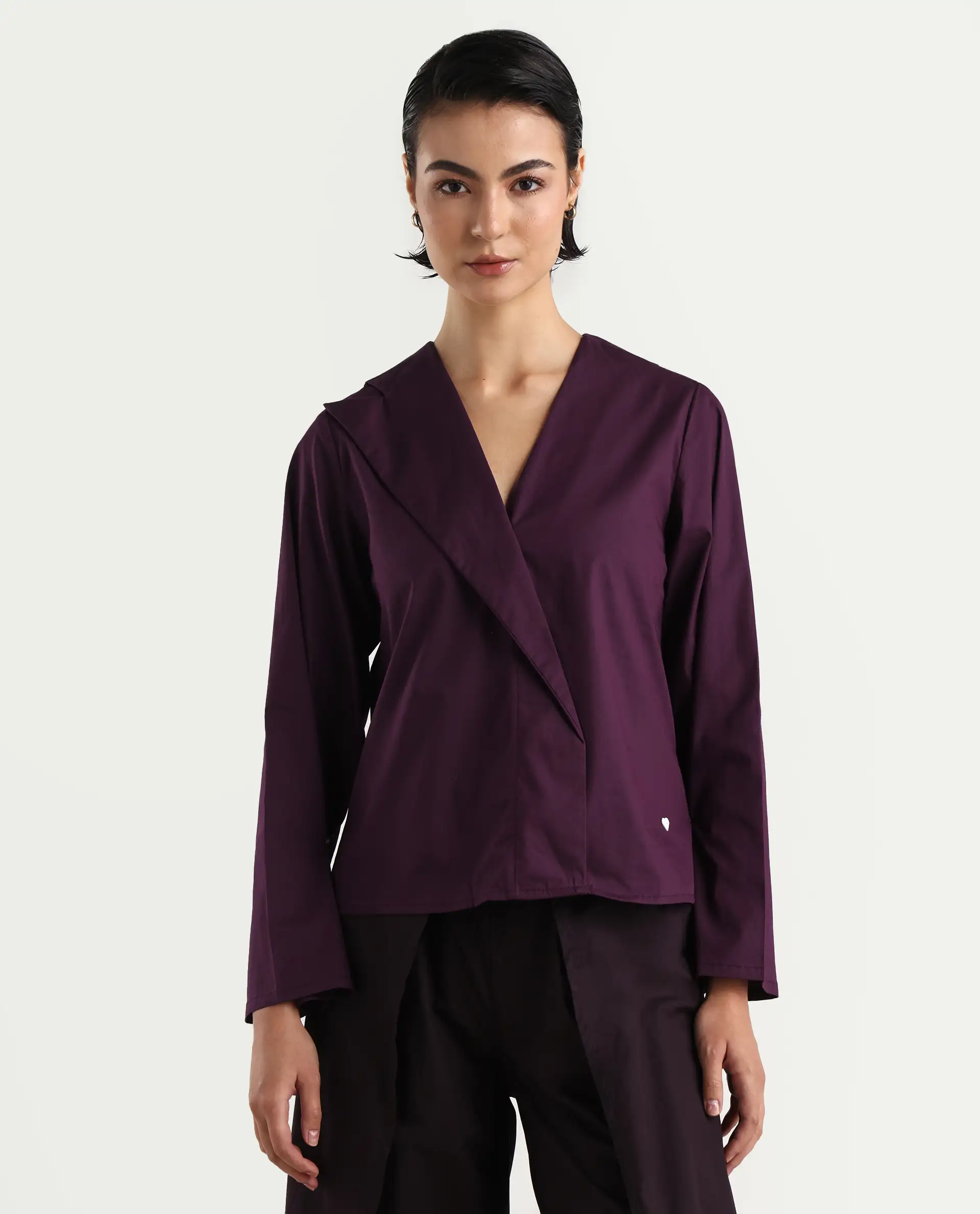 Rareism Women's Perdu Purple Cotton Blend V-Neck Plain Bell Sleeve Regular Fit Top - Image 3
