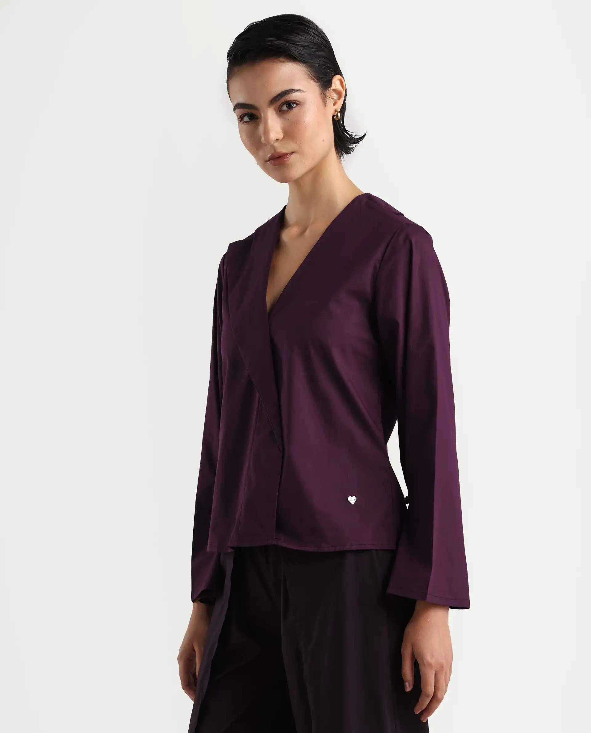 Rareism Women's Perdu Purple Cotton Blend V-Neck Plain Bell Sleeve Regular Fit Top - Image 4