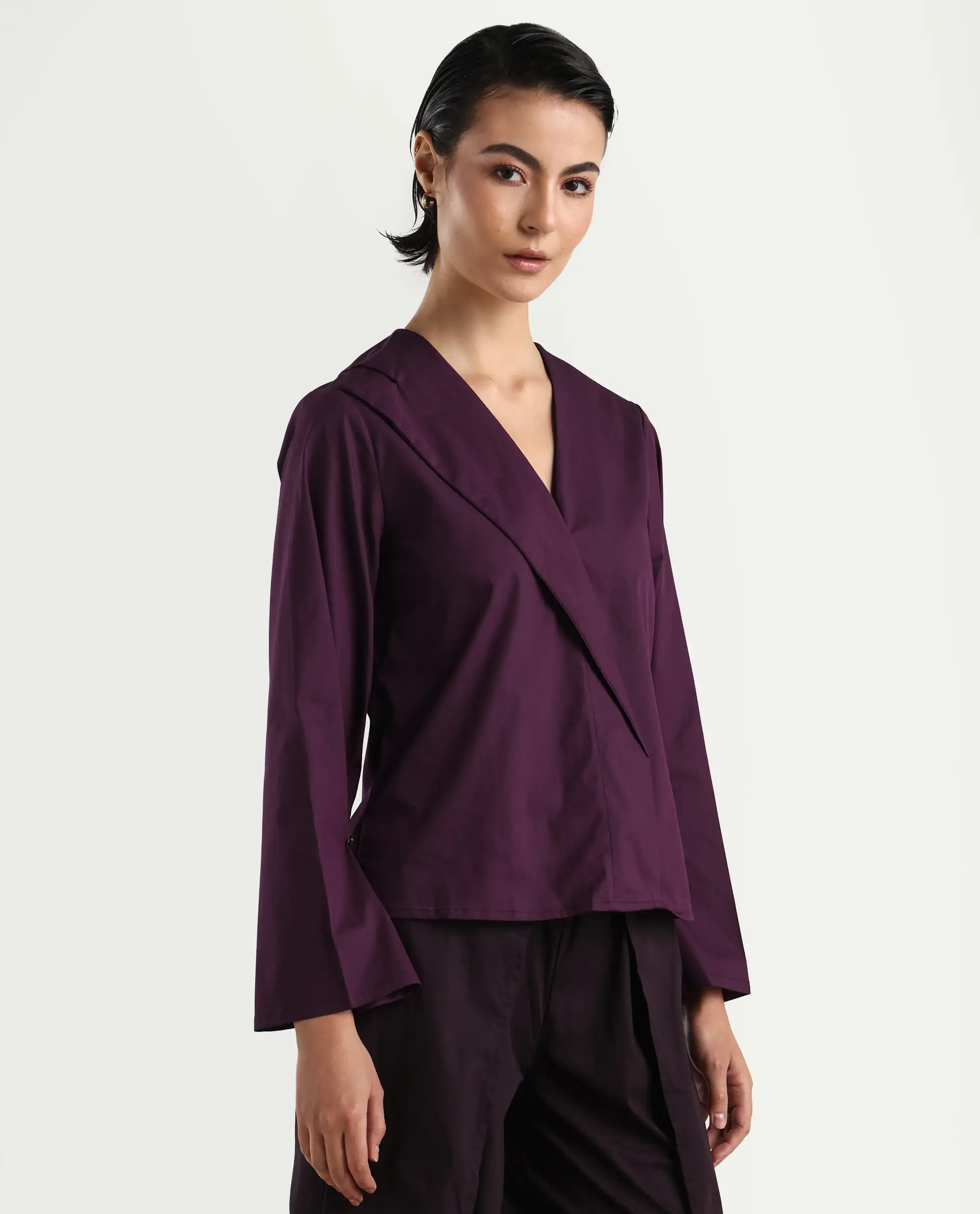 Rareism Women's Perdu Purple Cotton Blend V-Neck Plain Bell Sleeve Regular Fit Top - Image 5
