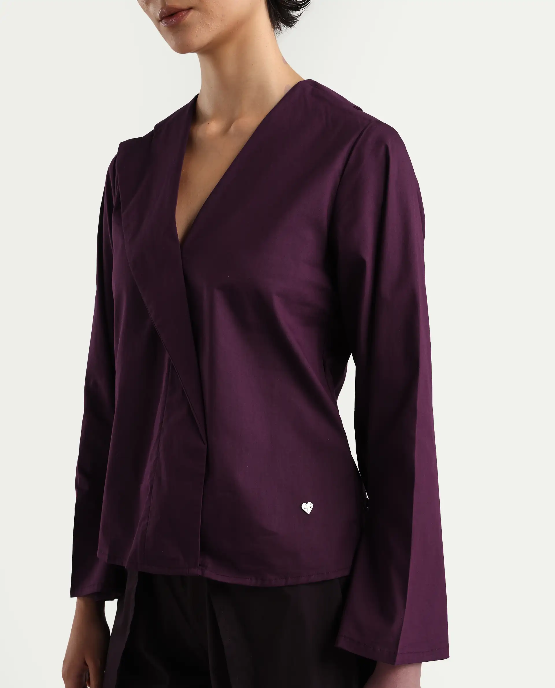 Rareism Women's Perdu Purple Cotton Blend V-Neck Plain Bell Sleeve Regular Fit Top - Image 6