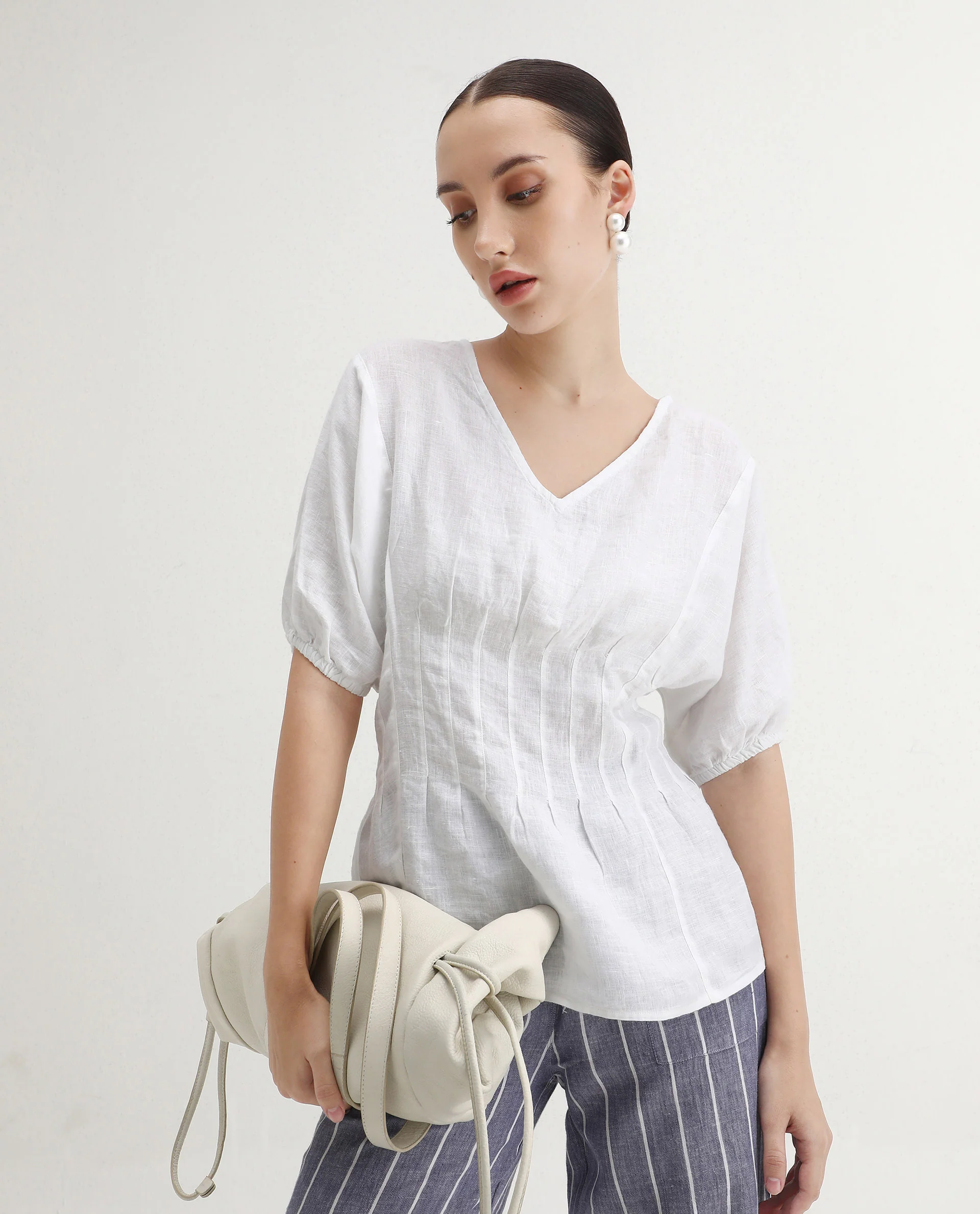 Rareism Women's Perdue White Linen V-Neck Plain Puff Sleeves Regular Fit Top