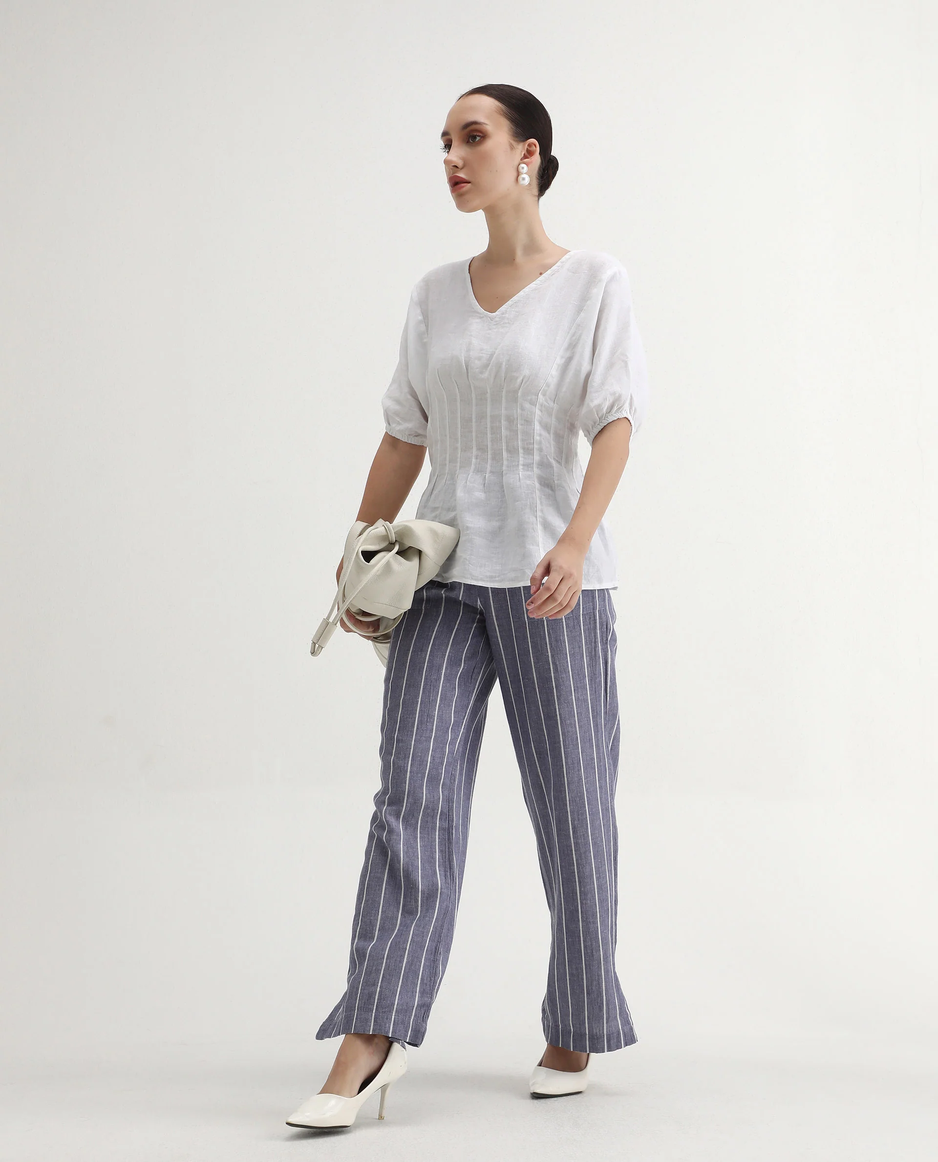 Rareism Women's Perdue White Linen V-Neck Plain Puff Sleeves Regular Fit Top - Image 2